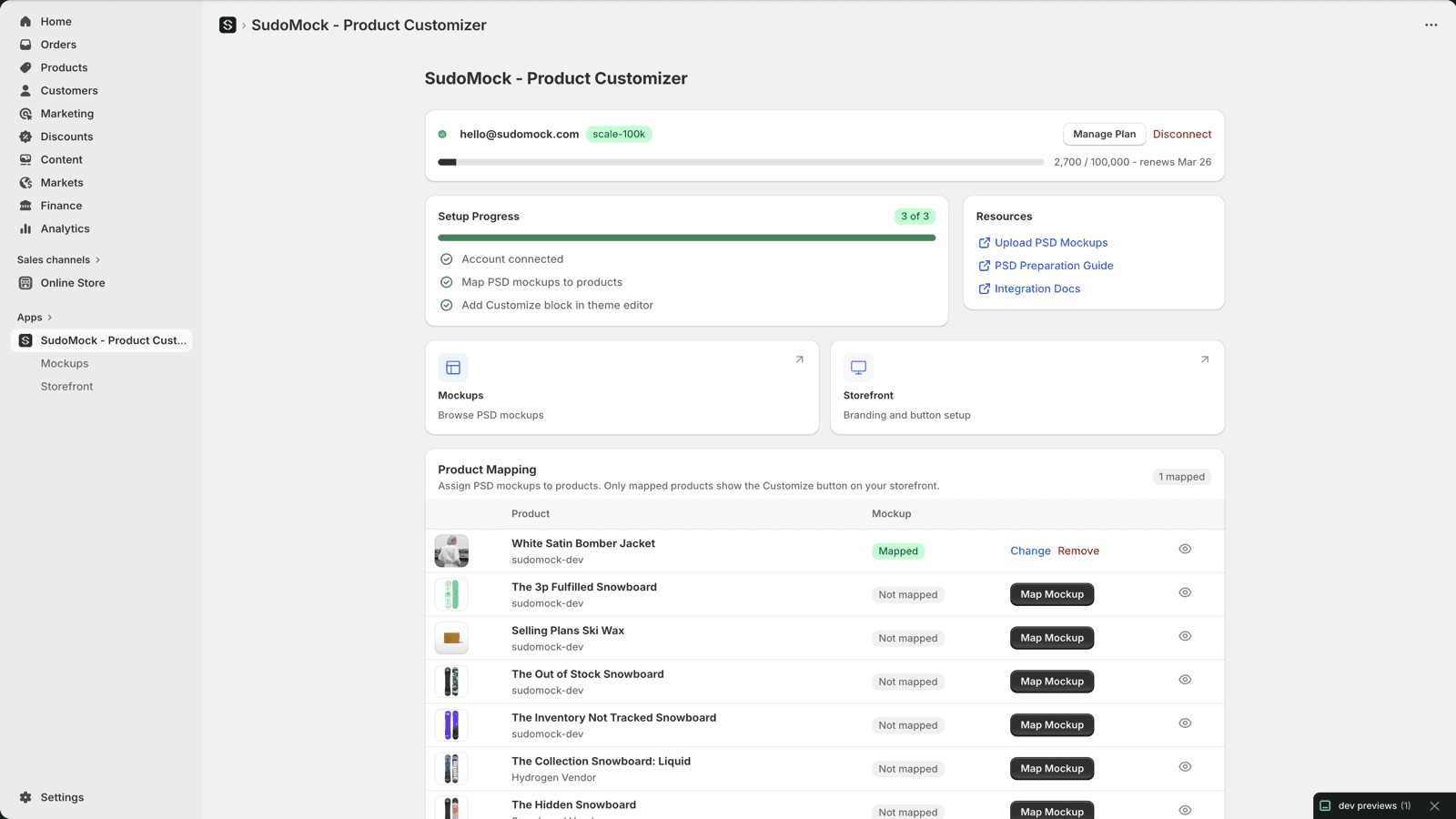 SudoMock Shopify app dashboard showing account connection and setup progress