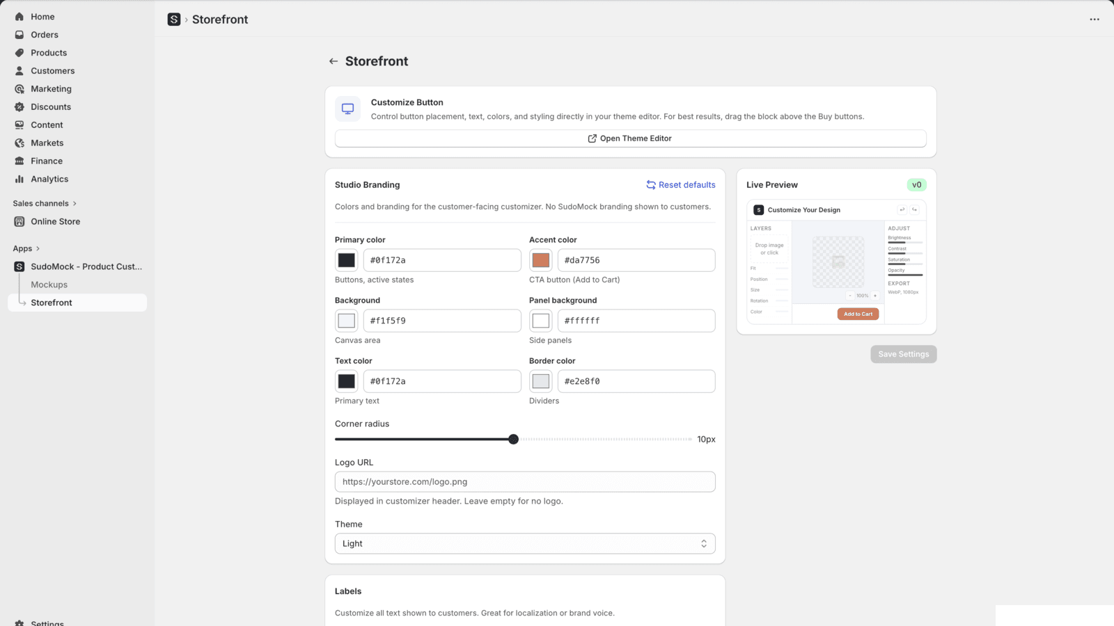 SudoMock Storefront branding settings — customize colors, labels, and logo
