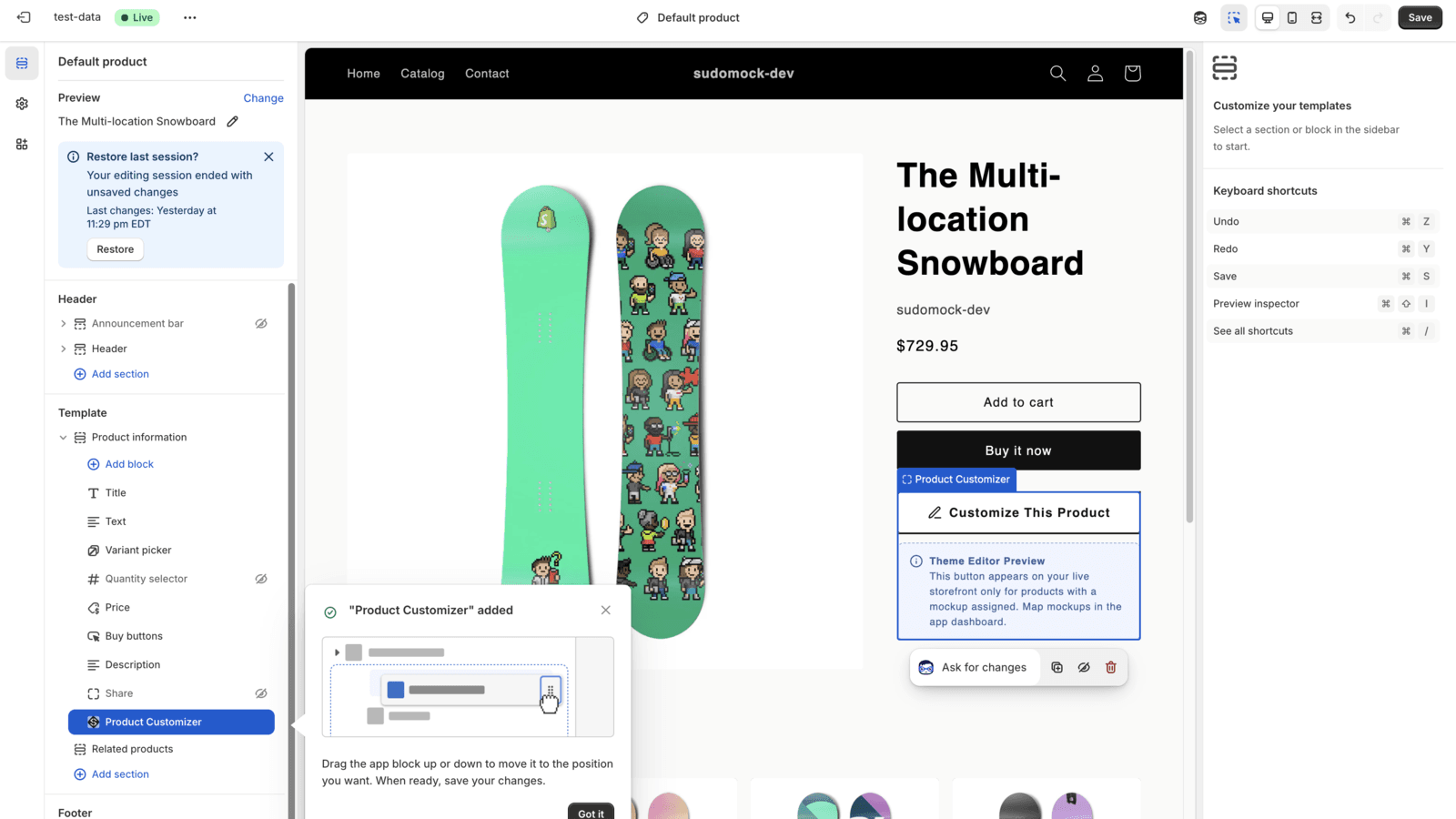 Shopify Theme Editor showing the SudoMock Product Customizer block being added