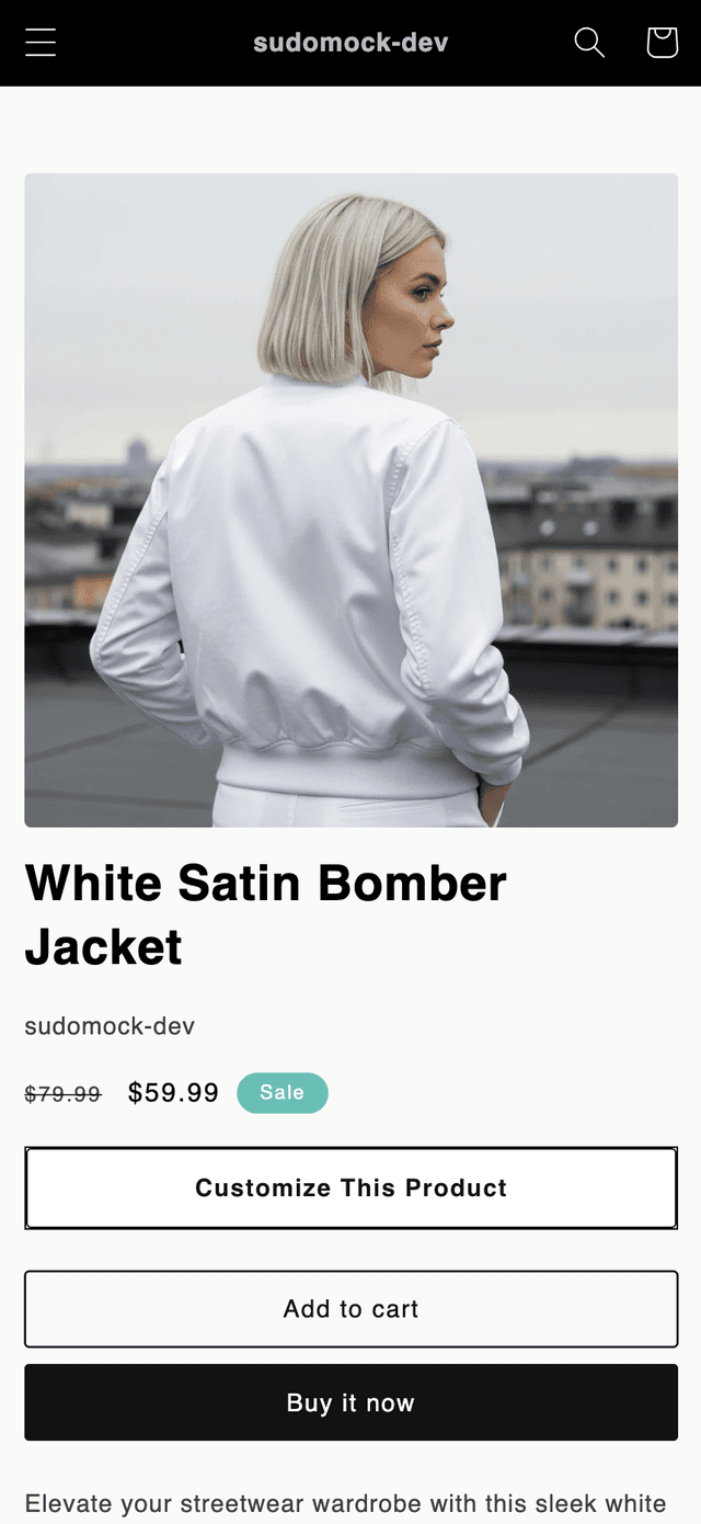 Mobile view — Customize button on Shopify product page