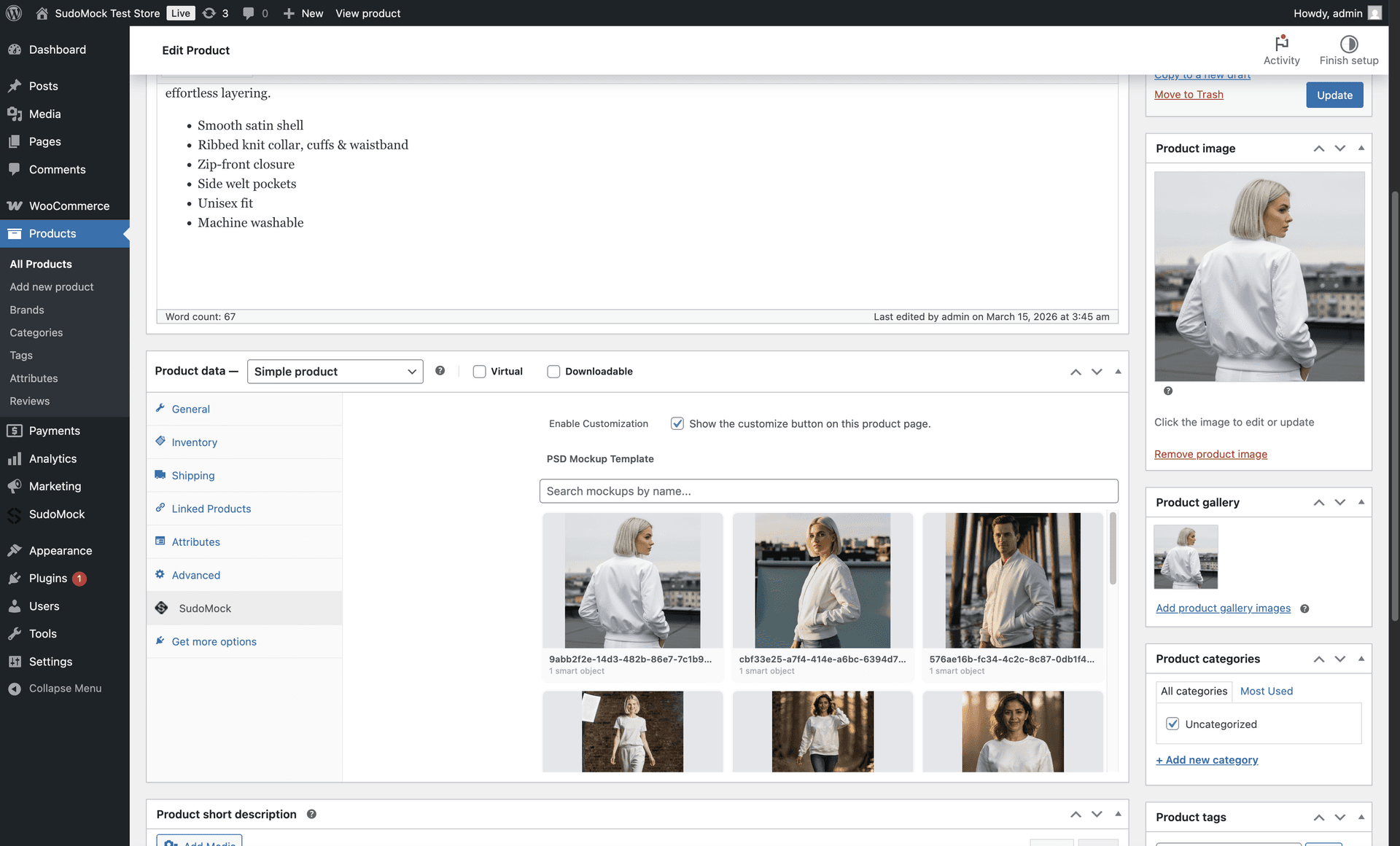 WooCommerce product edit page with SudoMock mockup picker
