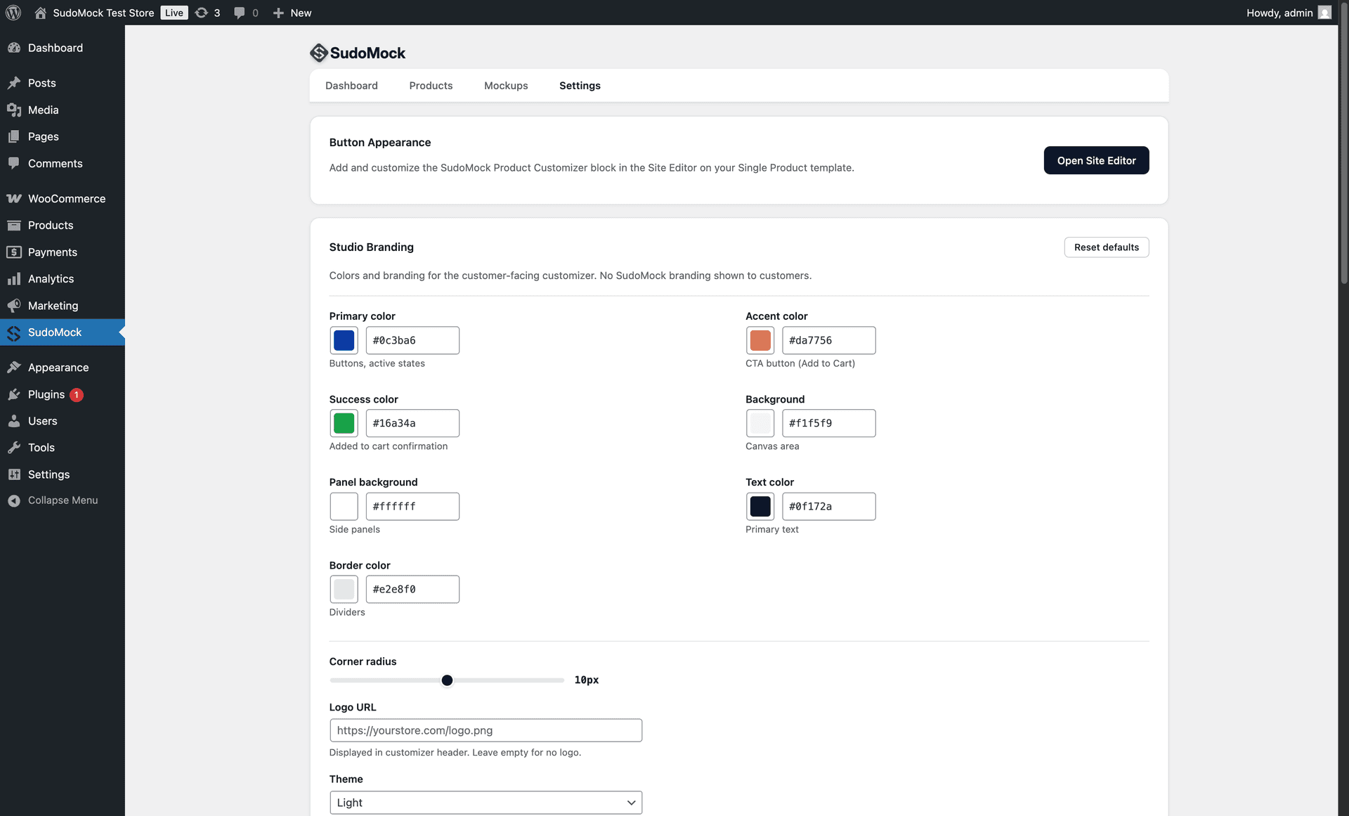 SudoMock WooCommerce settings — customize colors, labels, and logo