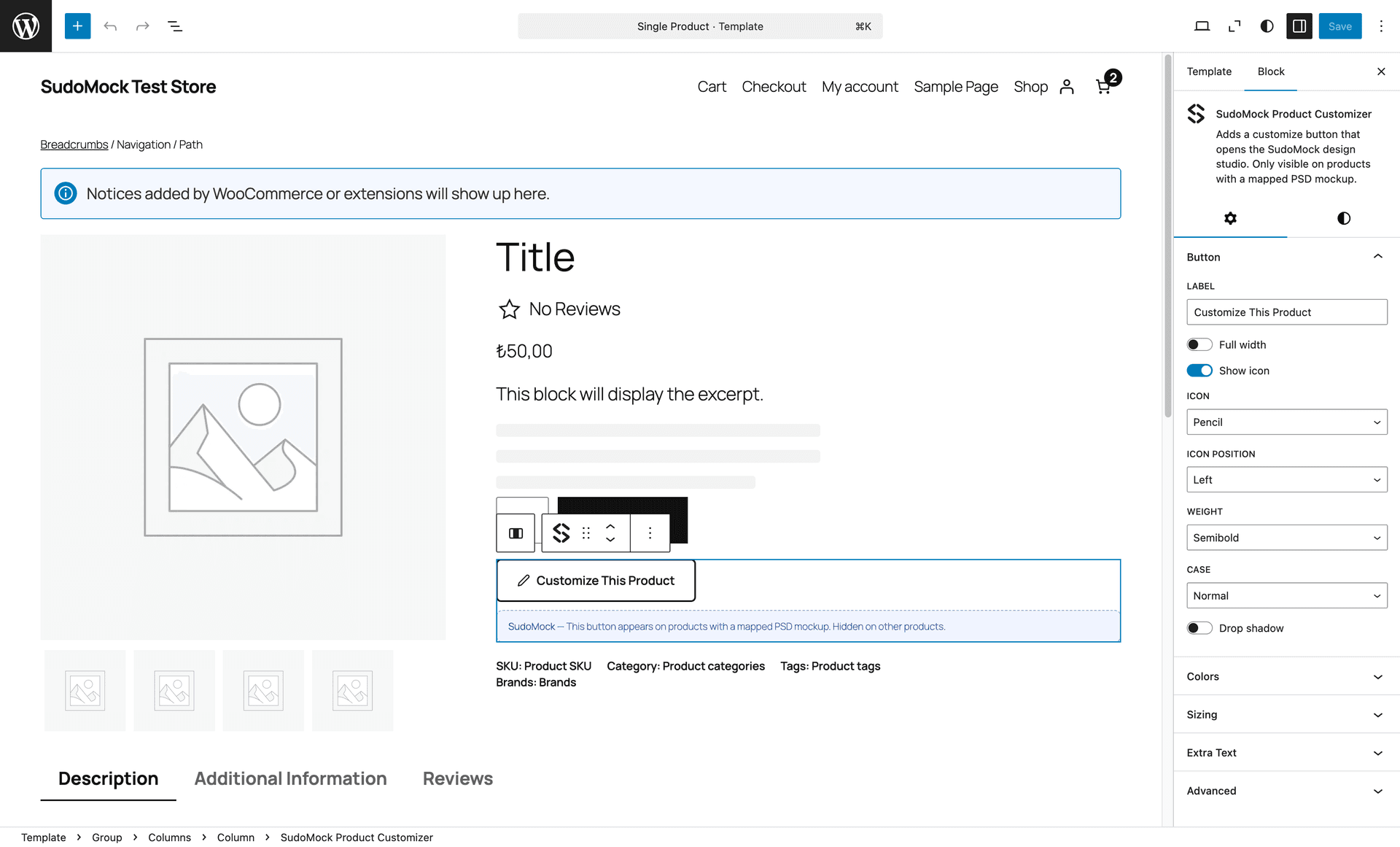 WordPress Site Editor showing SudoMock Product Customizer block