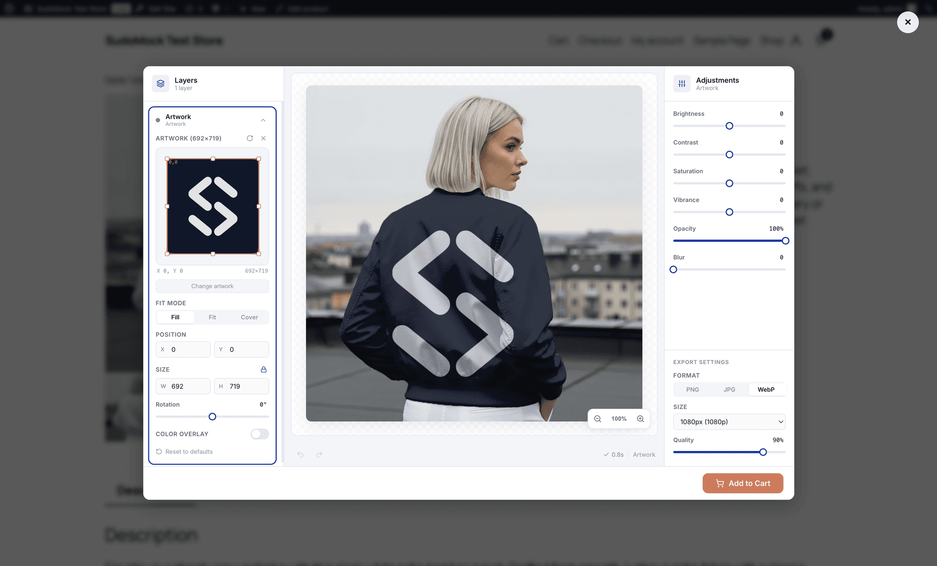 Customer using the SudoMock studio to customize a bomber jacket on WooCommerce