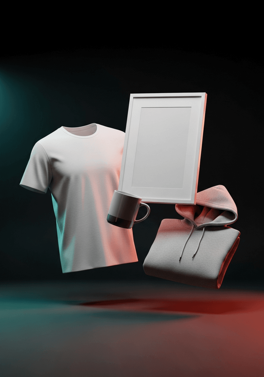 Professional product mockup templates — t-shirt, hoodie, mug, and poster frame floating in dramatic studio lighting