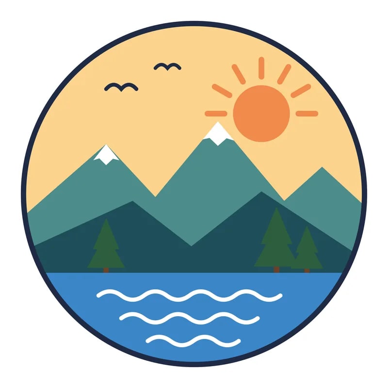 Round flat illustration of mountains, a lake, three pine trees, two birds and an orange sun with seven rays