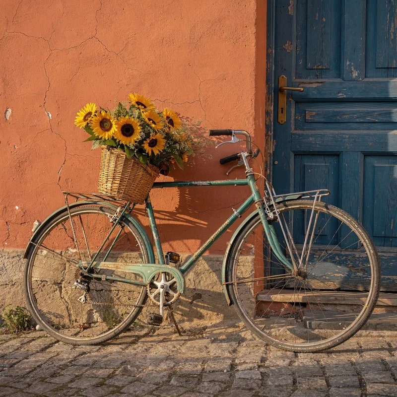 Square photo of a teal bicycle with a basket of sunflowers against an orange wall and a blue door, cobblestones below