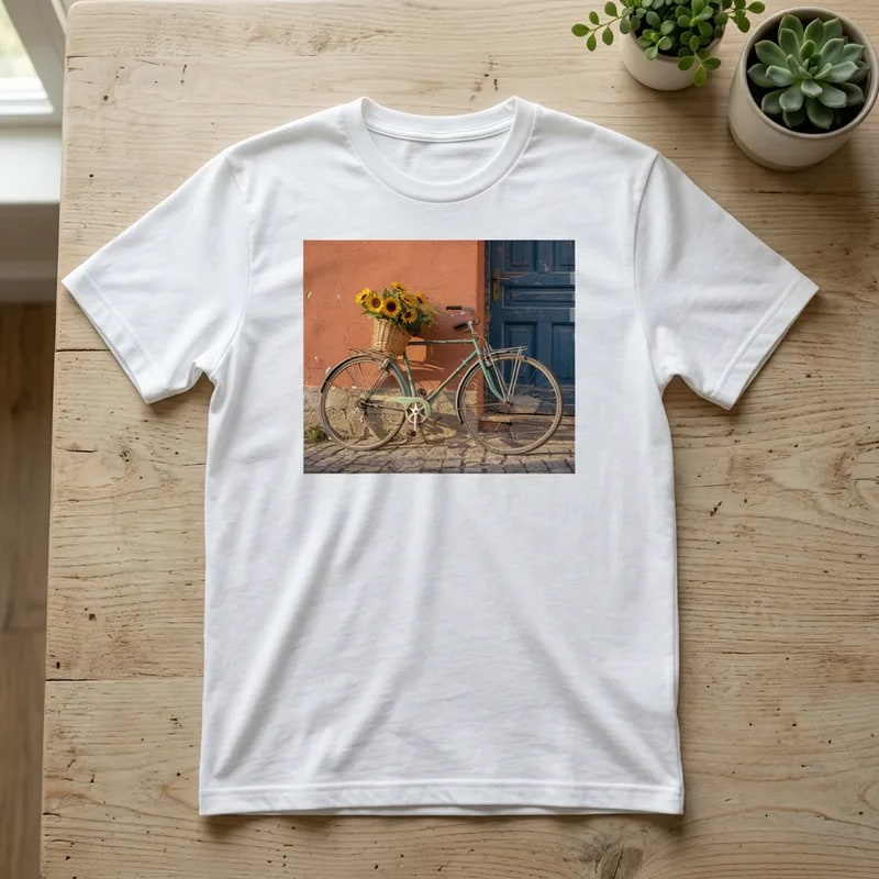 White tee with the bicycle photo printed as a wide rectangle, the wall above and the cobblestones below cut away