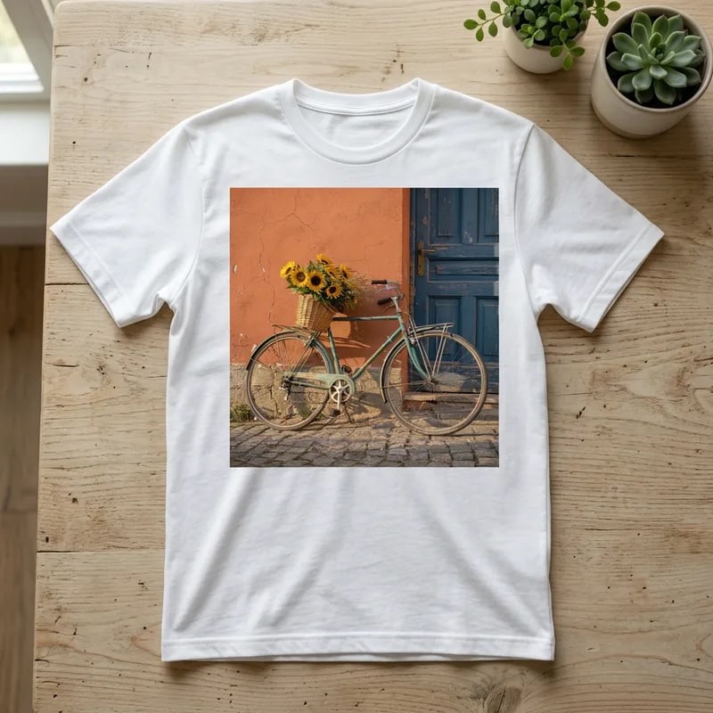 White tee with the full bicycle photo printed on the chest