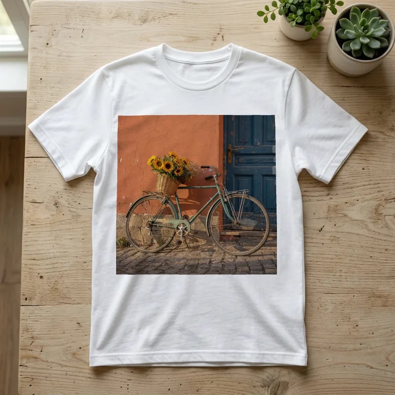 White tee on a wooden table with the full square bicycle photo printed on the chest