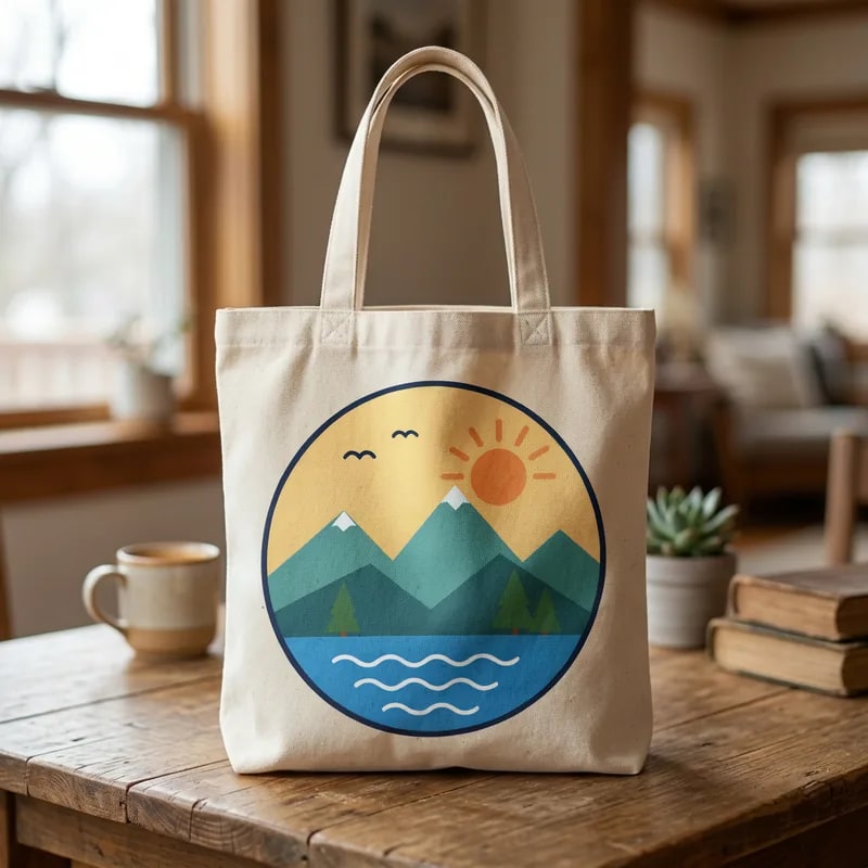 Canvas tote with the round mountain illustration printed large on the bag front, its pine trees redrawn with fewer tiers than the design