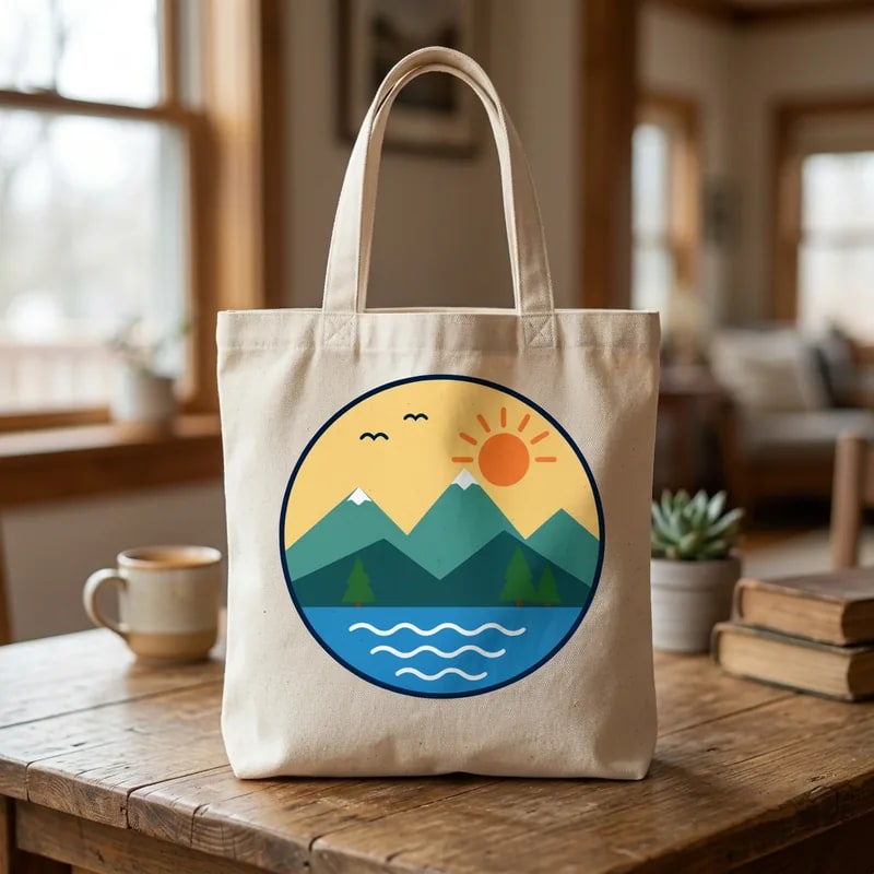 Canvas tote with the round mountain illustration printed large on the bag front