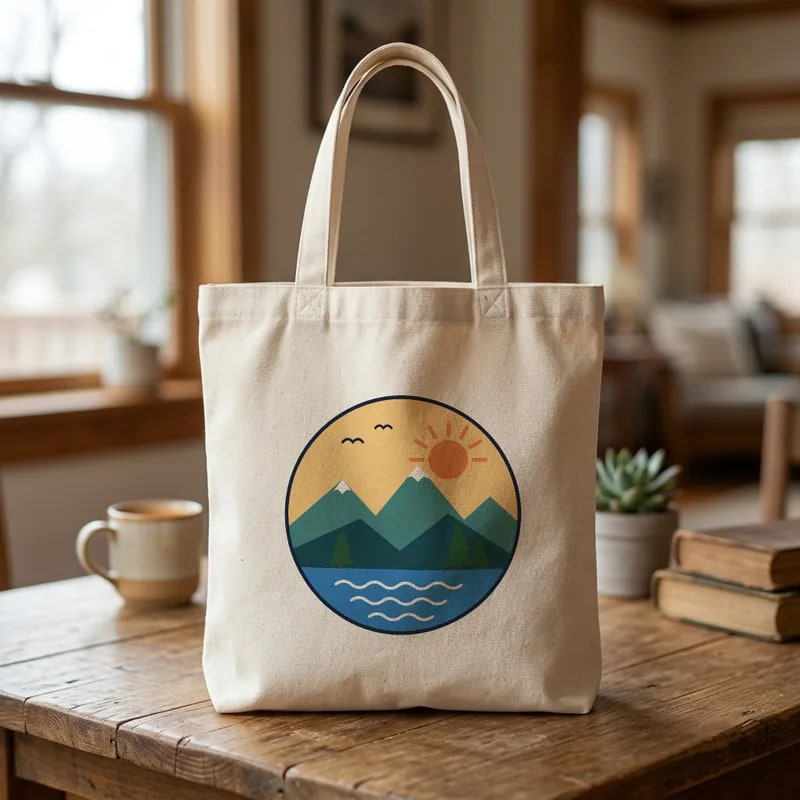 Canvas tote on a wooden table with the round mountain illustration printed in the center of the bag