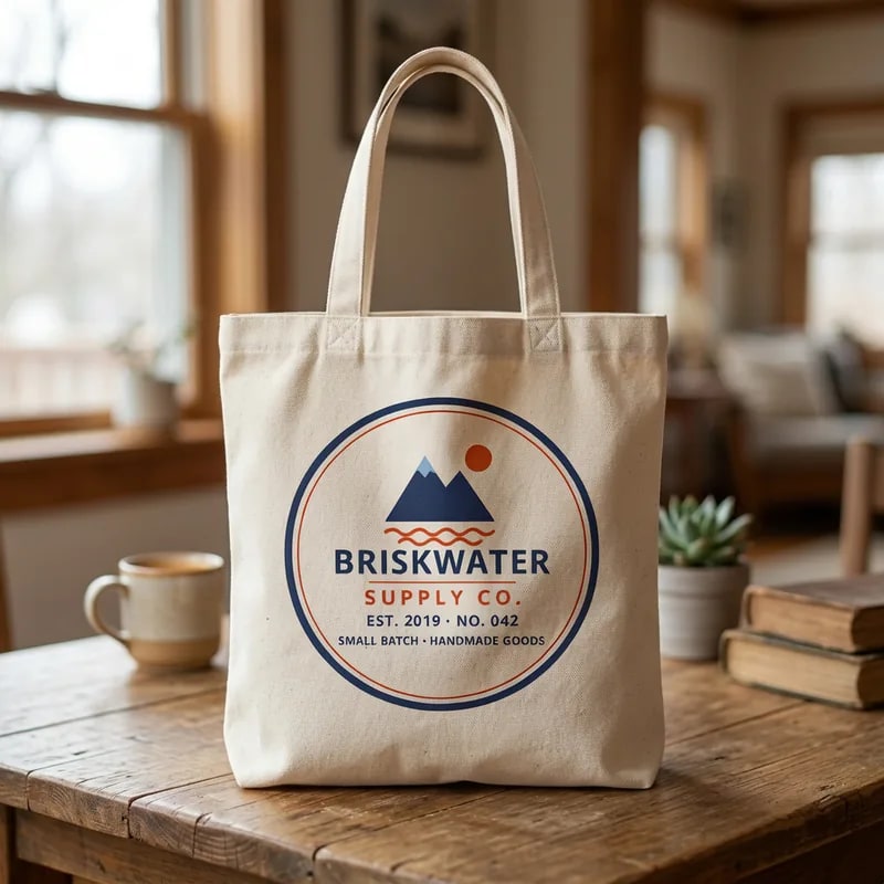 Canvas tote with the Briskwater badge printed at a medium size