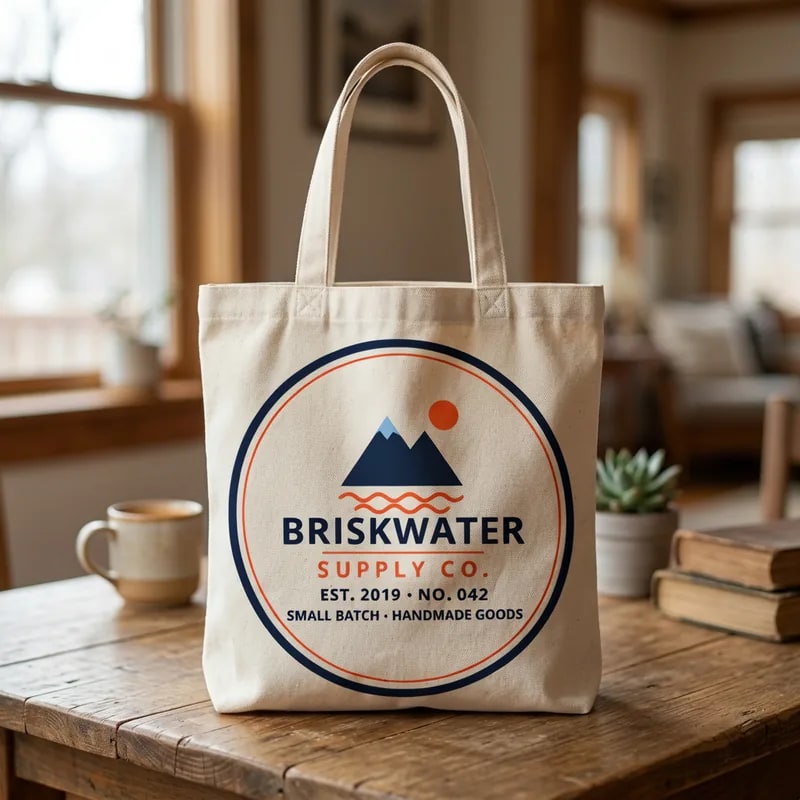 Canvas tote with the Briskwater badge printed large on the bag front, the small middle dots in its text printed as round bullets