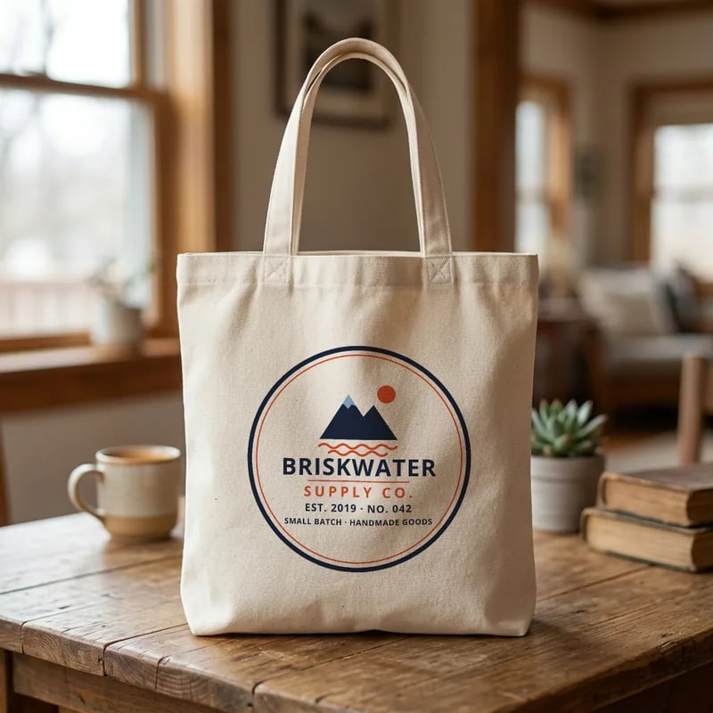 Canvas tote on a wooden table with the Briskwater badge printed in the center of the bag