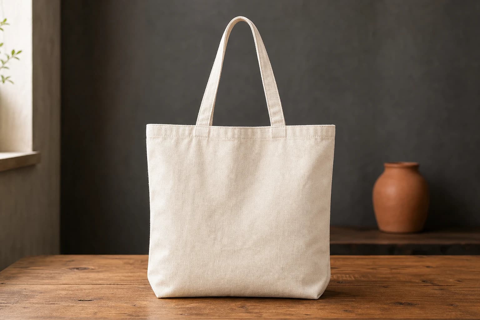Cream canvas tote bag on a wooden table before background removal