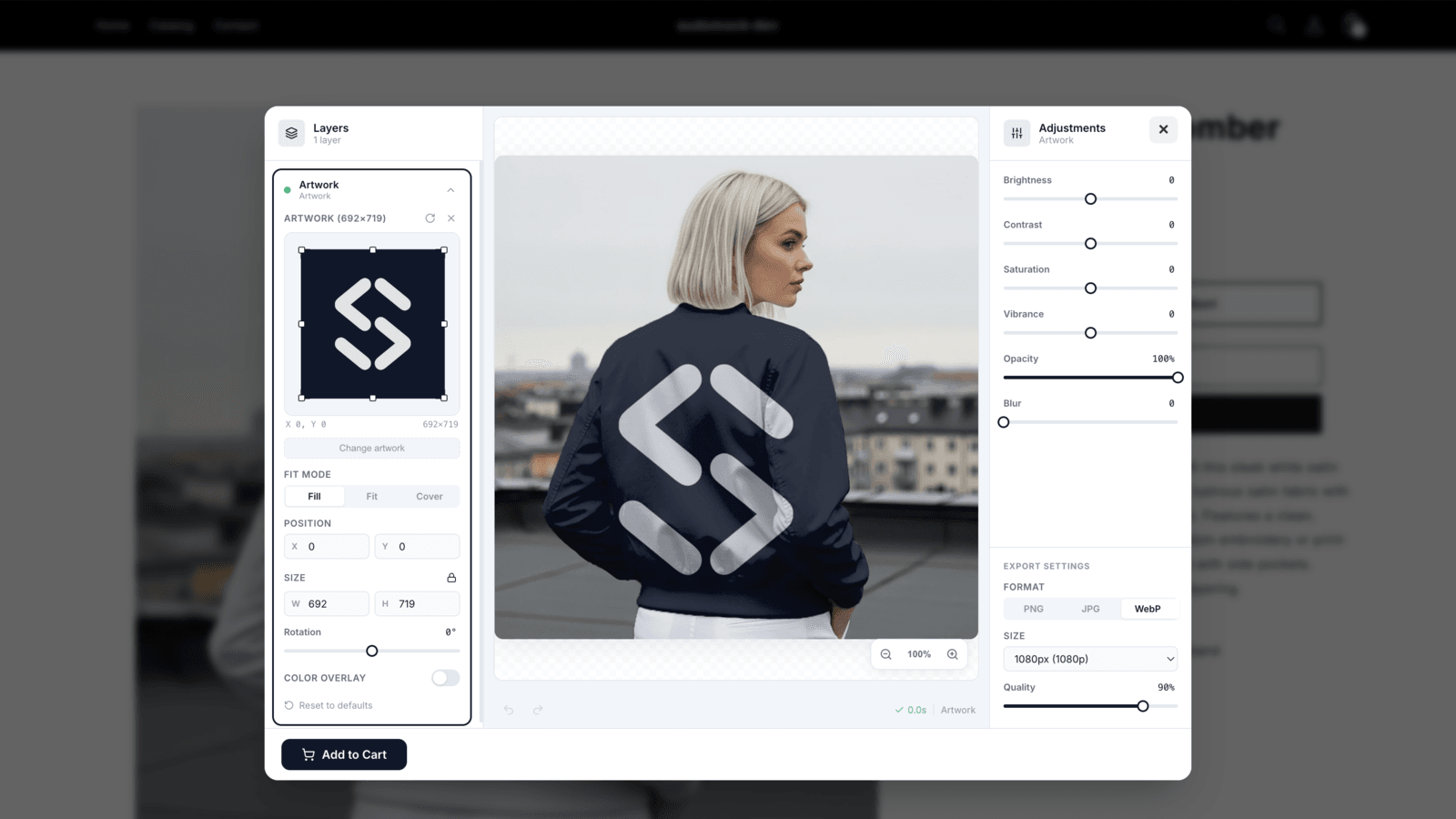 Customer using the SudoMock studio to customize a bomber jacket mockup