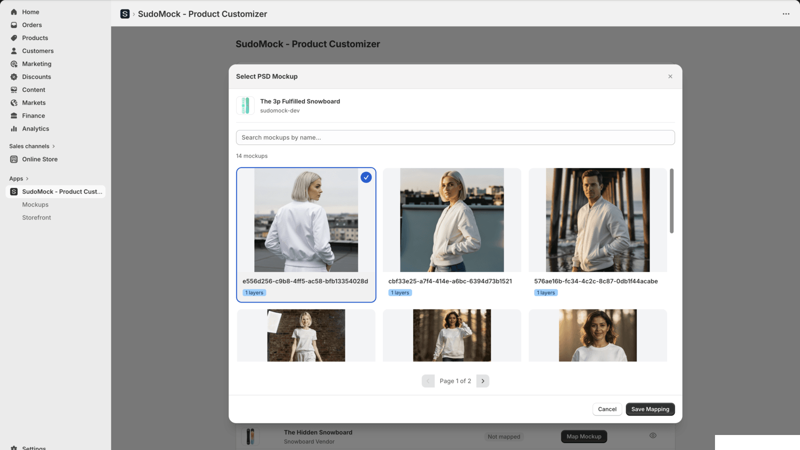 Mockup picker showing PSD templates being mapped to Shopify products