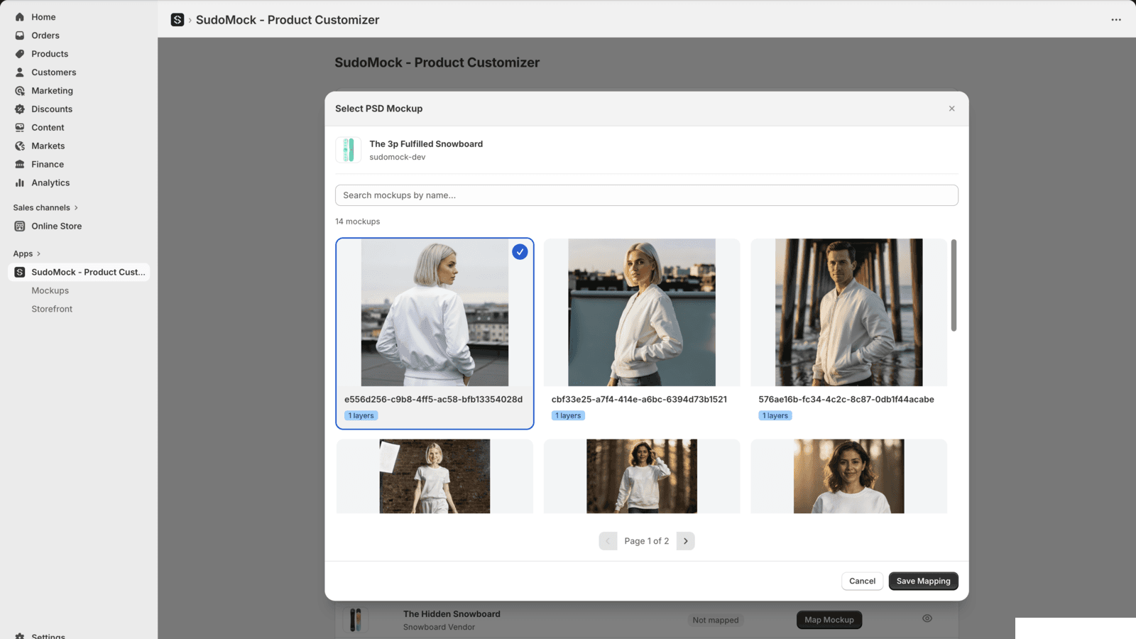 Mockup picker showing PSD templates being mapped to Shopify products