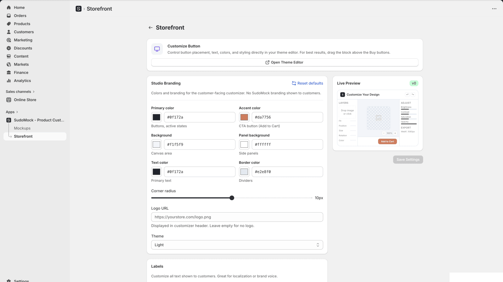 SudoMock Storefront branding settings: customize colors, labels, and logo
