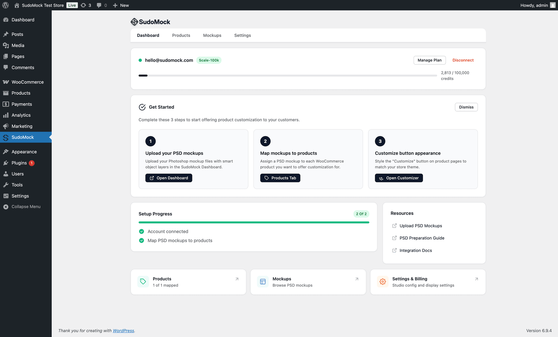 SudoMock WordPress dashboard with account connection and setup progress