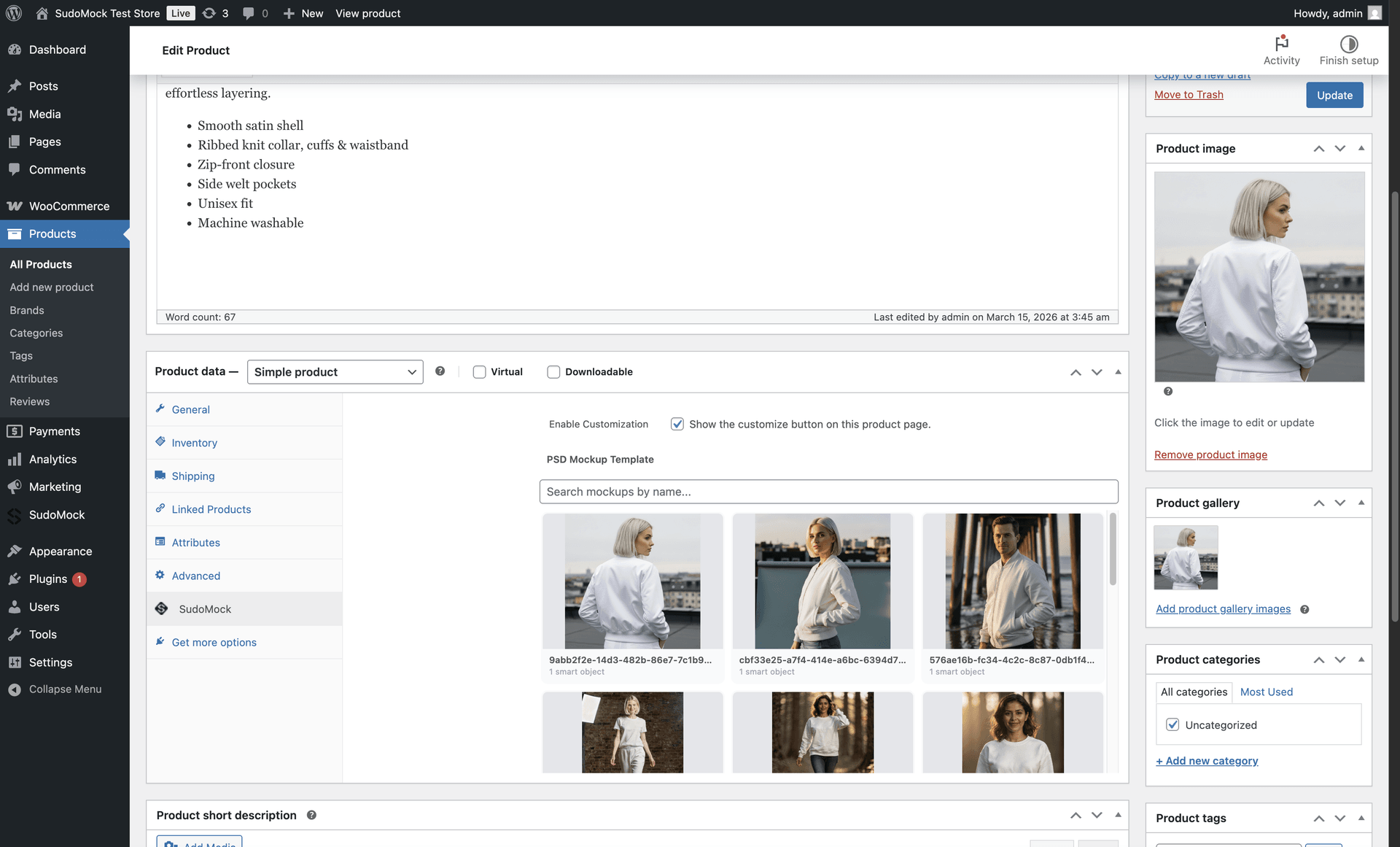 WooCommerce product edit page with SudoMock mockup picker
