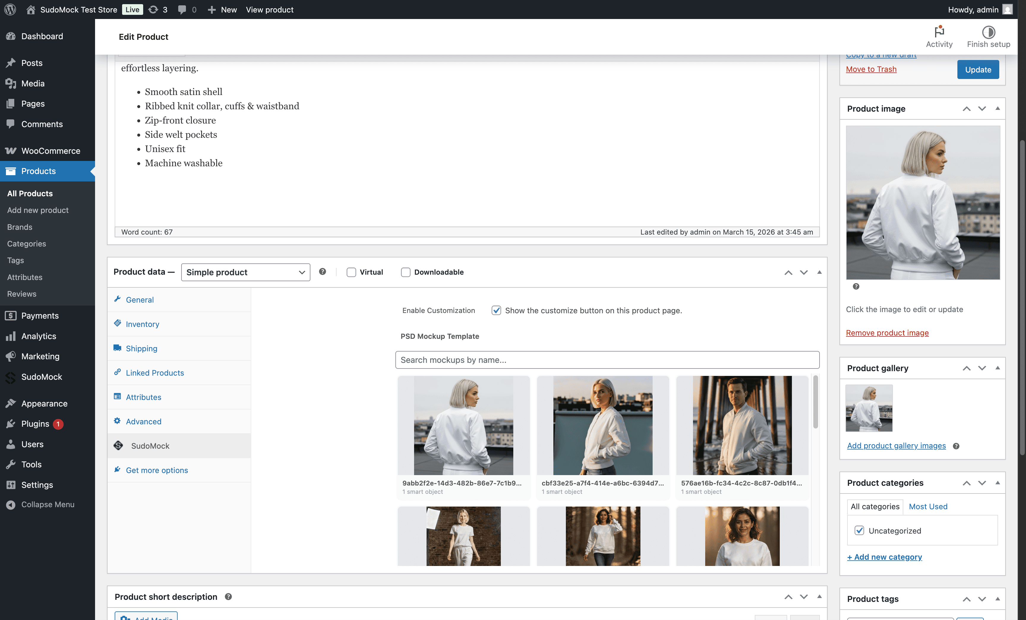 WooCommerce product edit page with SudoMock mockup picker
