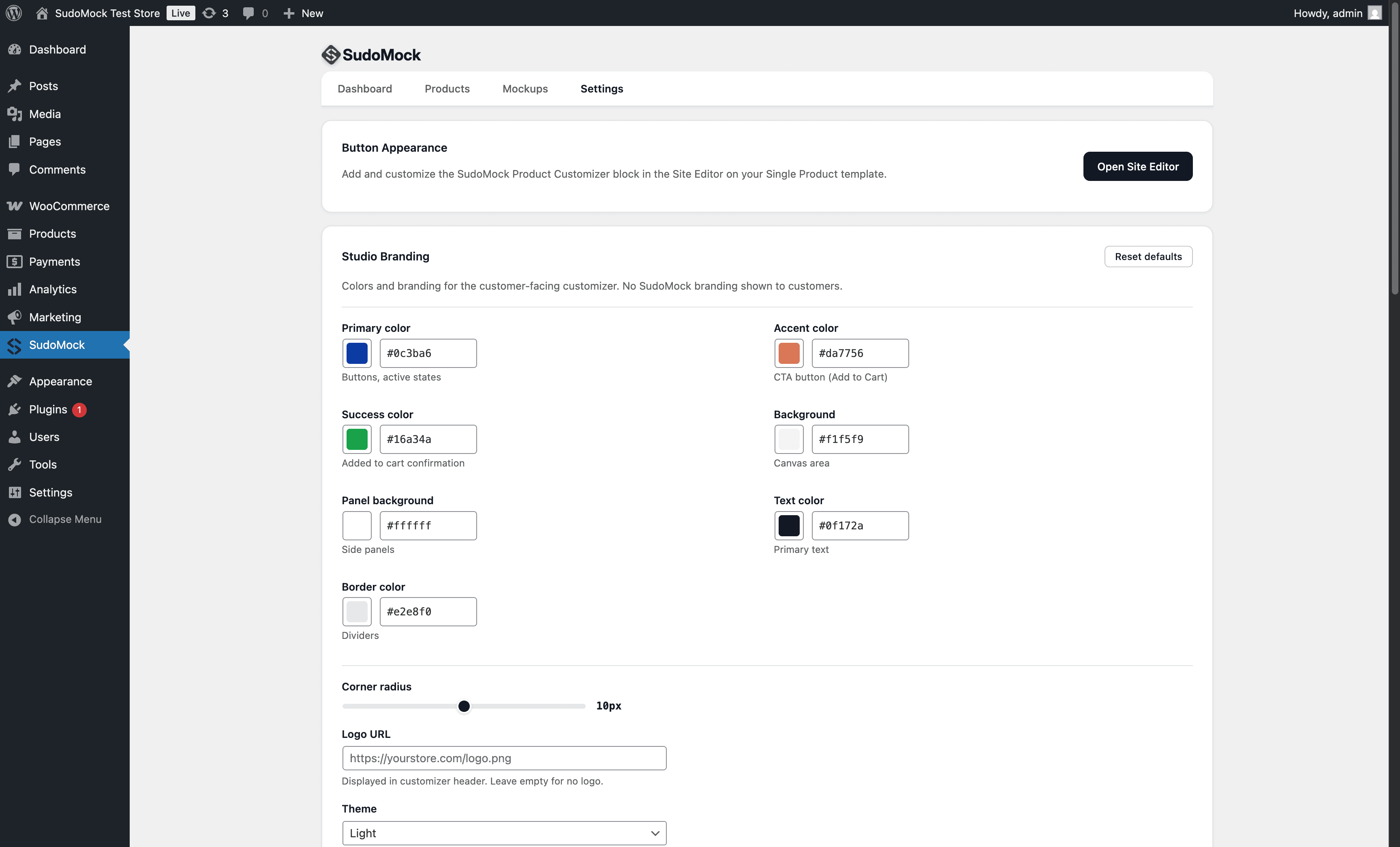 SudoMock WooCommerce settings — customize colors, labels, and logo