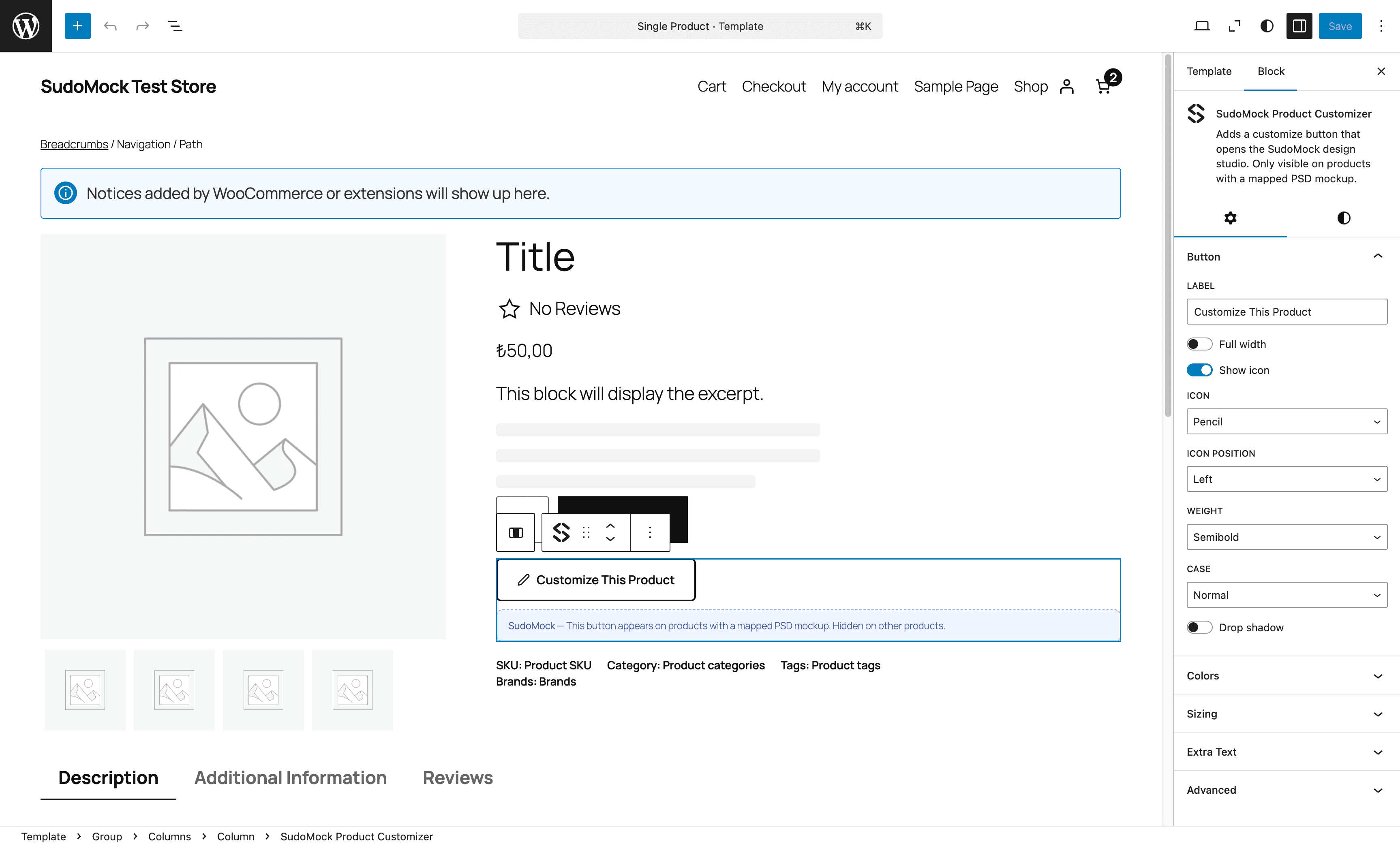 WordPress Site Editor showing SudoMock Product Customizer block
