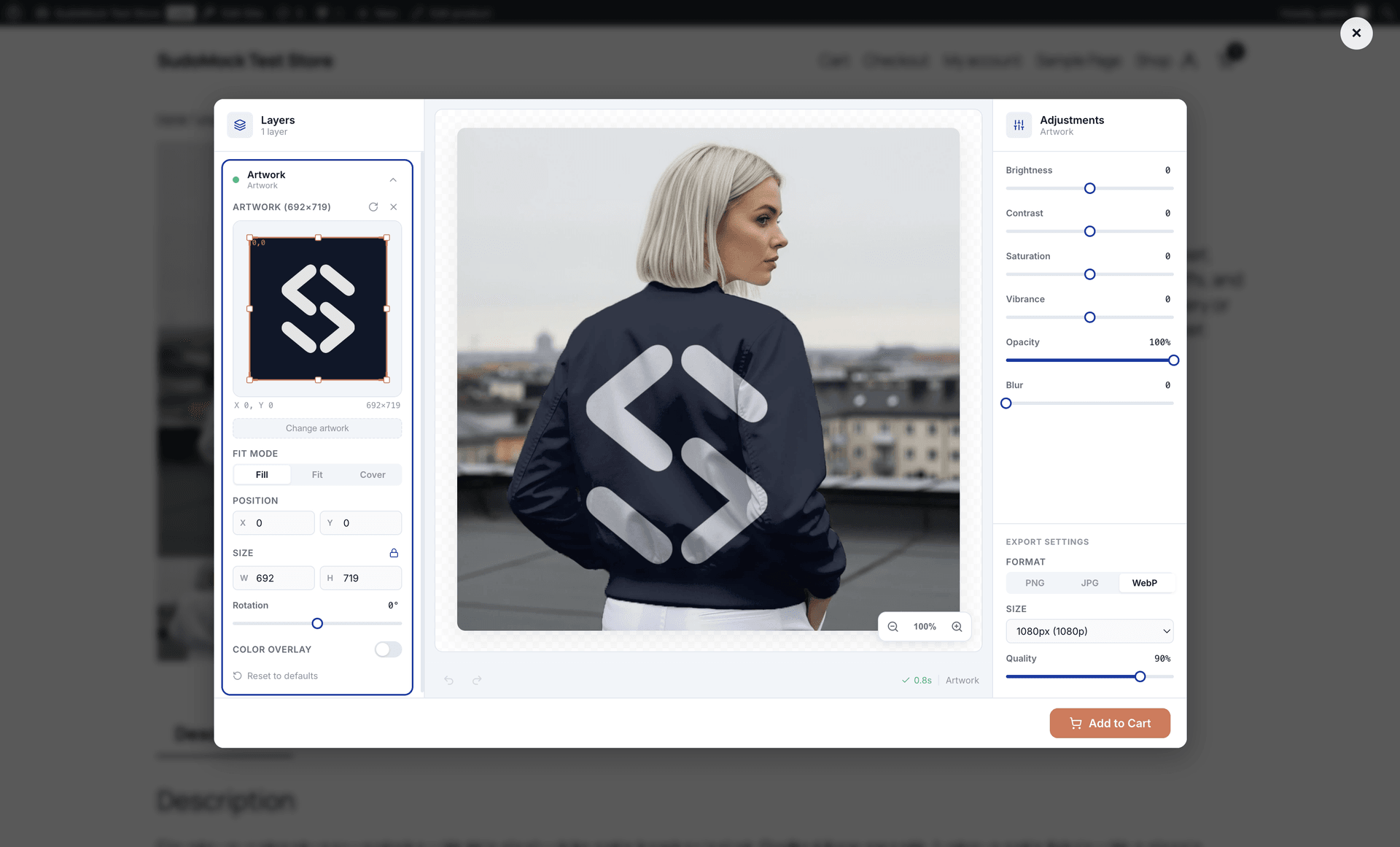 Customer using the SudoMock studio to customize a bomber jacket on WooCommerce