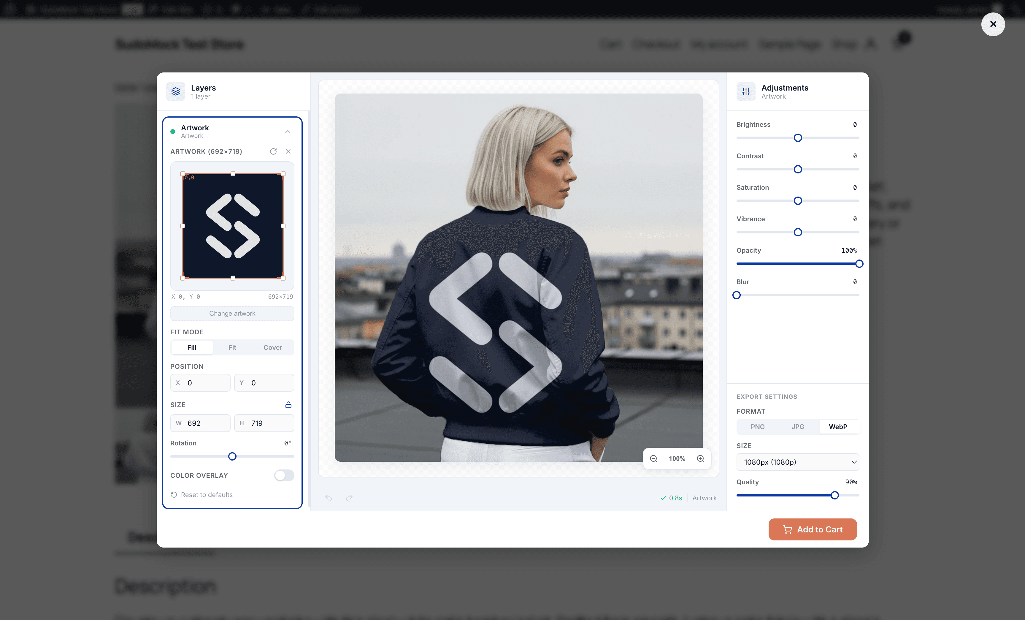 Customer using the SudoMock studio to customize a bomber jacket on WooCommerce