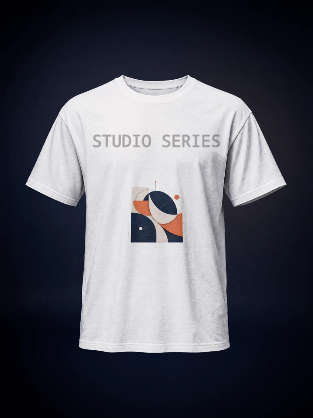 White T-shirt rendered from SudoMock's public demo PSD with an abstract navy, terracotta, and ivory print and the text Studio Series