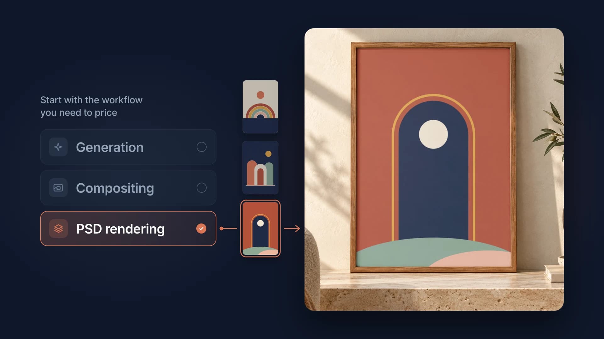 Workflow picker with PSD rendering selected over Generation and Compositing, swapping an arch artwork into a framed poster