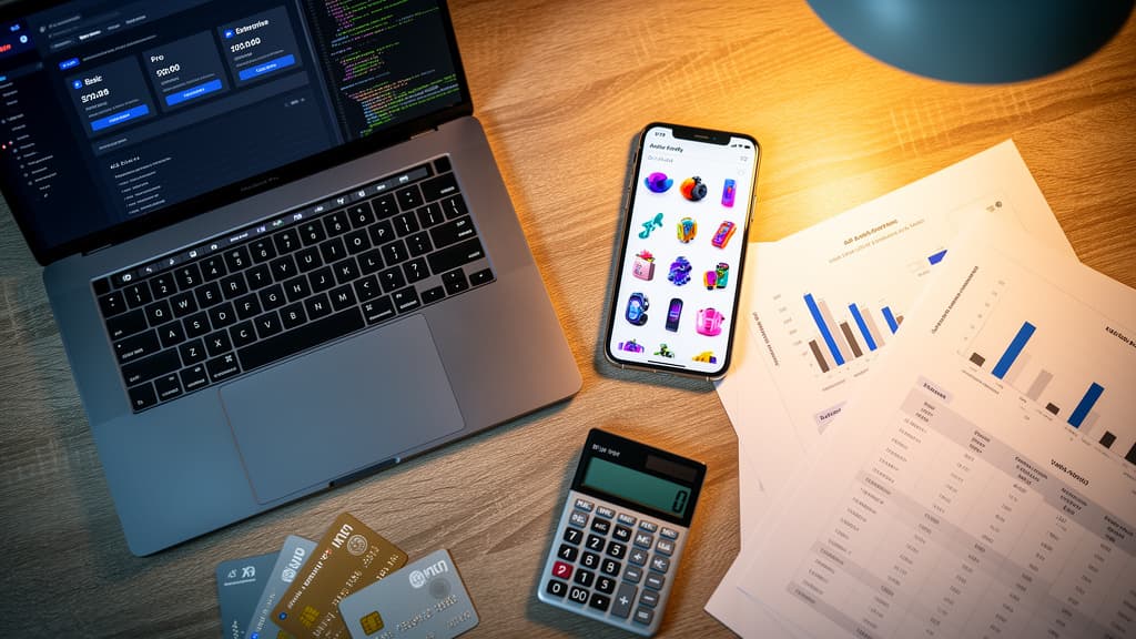 Laptop showing API pricing dashboard with smartphone displaying product mockups and cost comparison charts on wooden desk