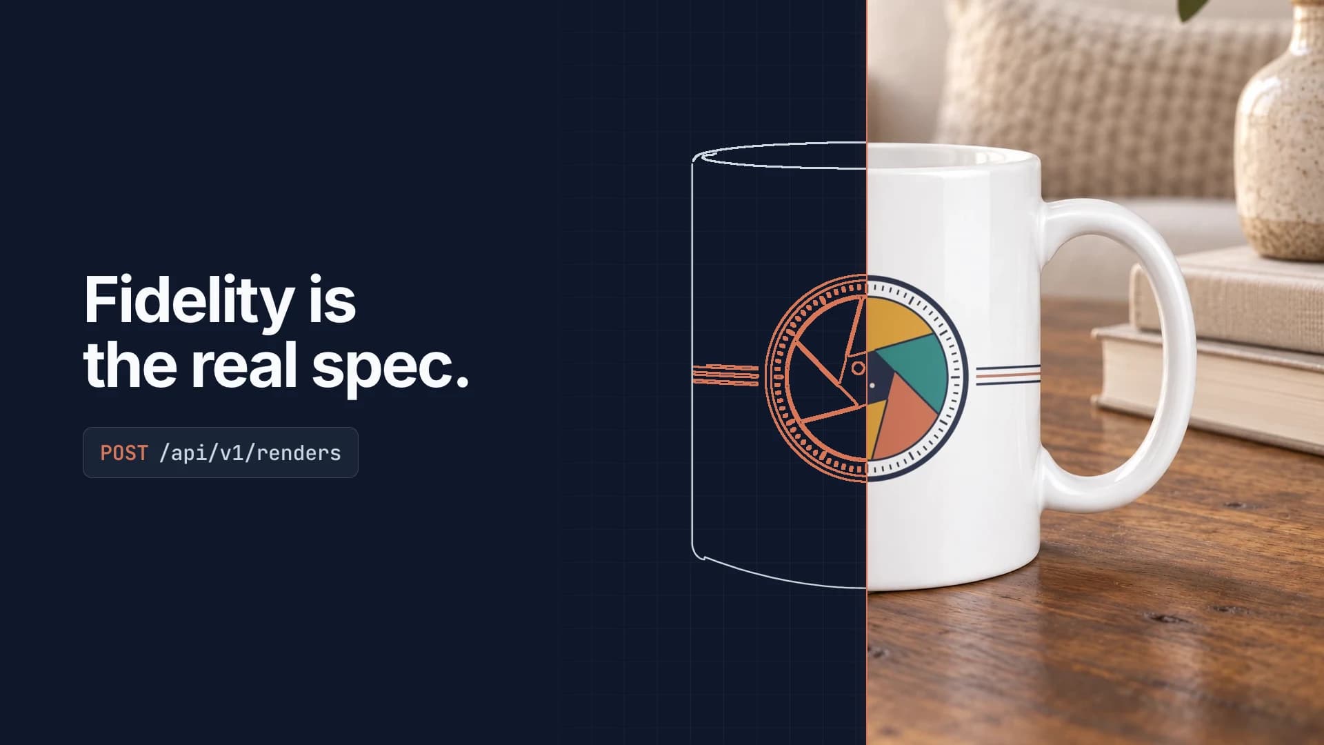 Fidelity is the real spec: a mug split down the middle, line-drawn spec on the left, real SudoMock render on the right