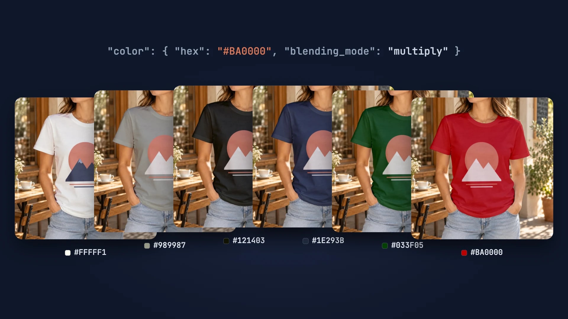 Six colorways of one t-shirt PSD rendered by API, one color hex per request