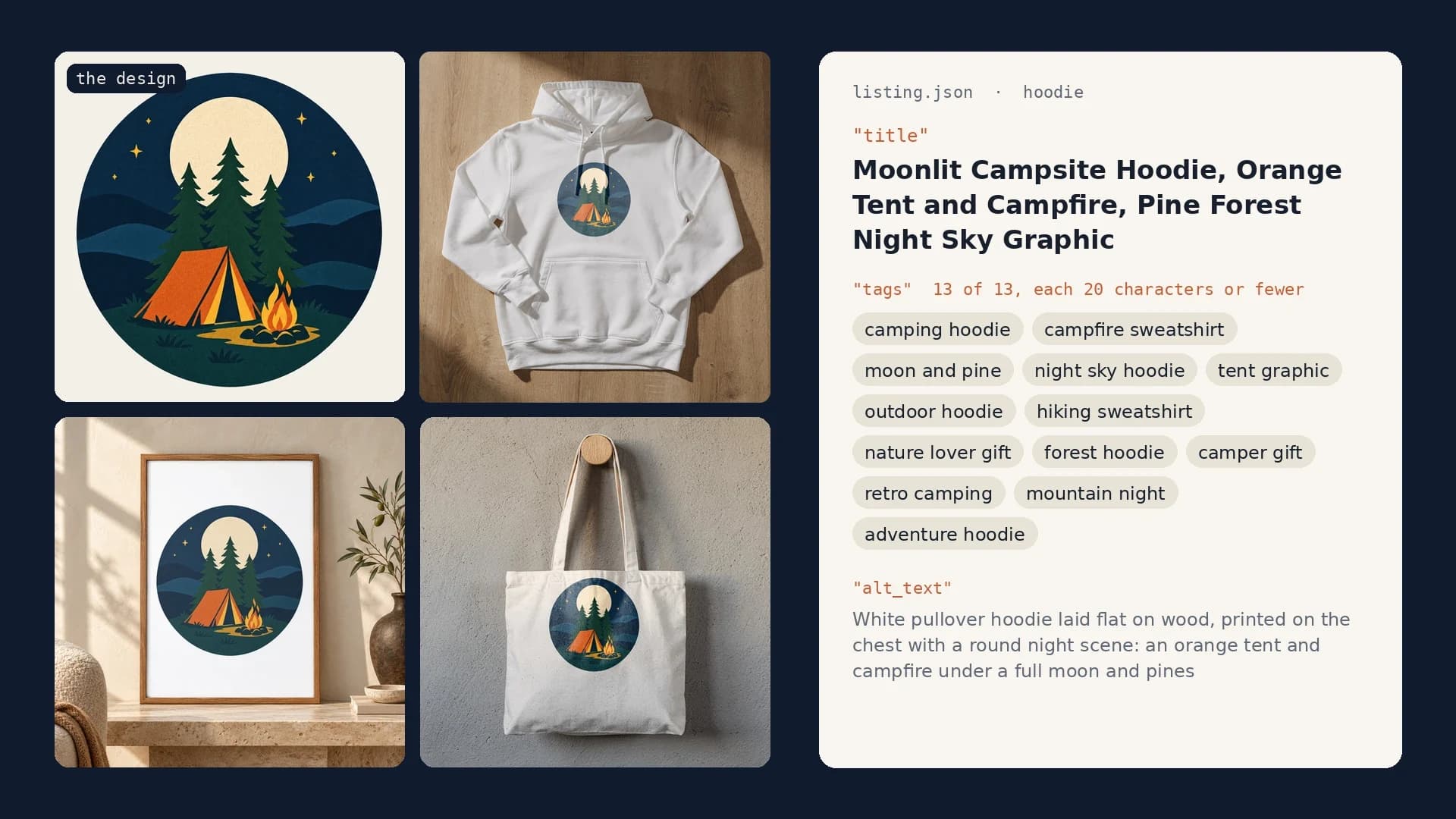 The moonlit campsite design next to three SudoMock renders of it on a hoodie, a framed poster and a canvas tote, beside the Etsy title, 13 tags and alt text Claude wrote for the hoodie