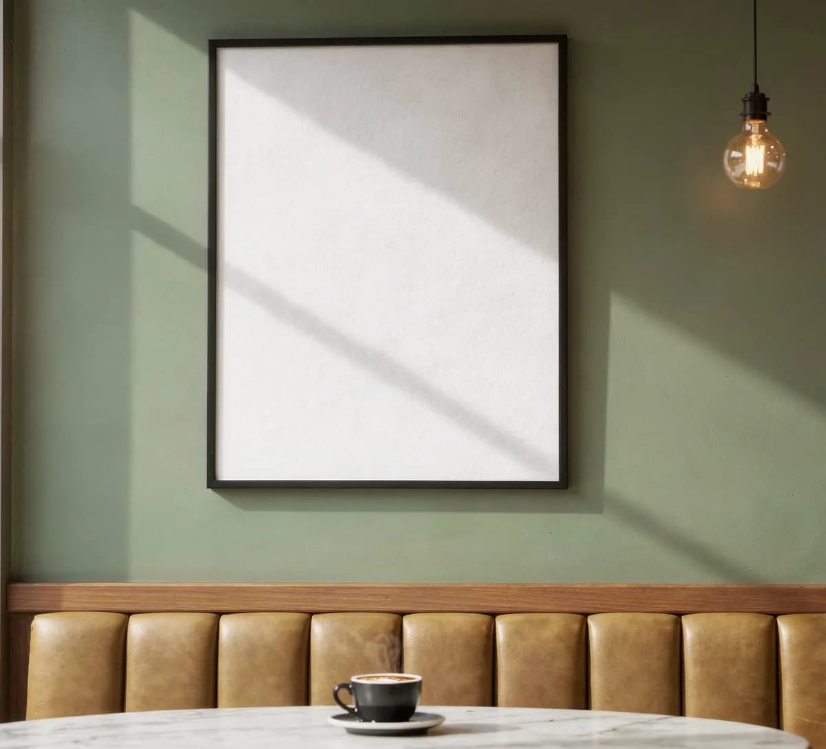 Blank white poster print displayed in a café interior, a SudoMock PSD mockup template that Gelato sellers can render their wall art designs onto by API