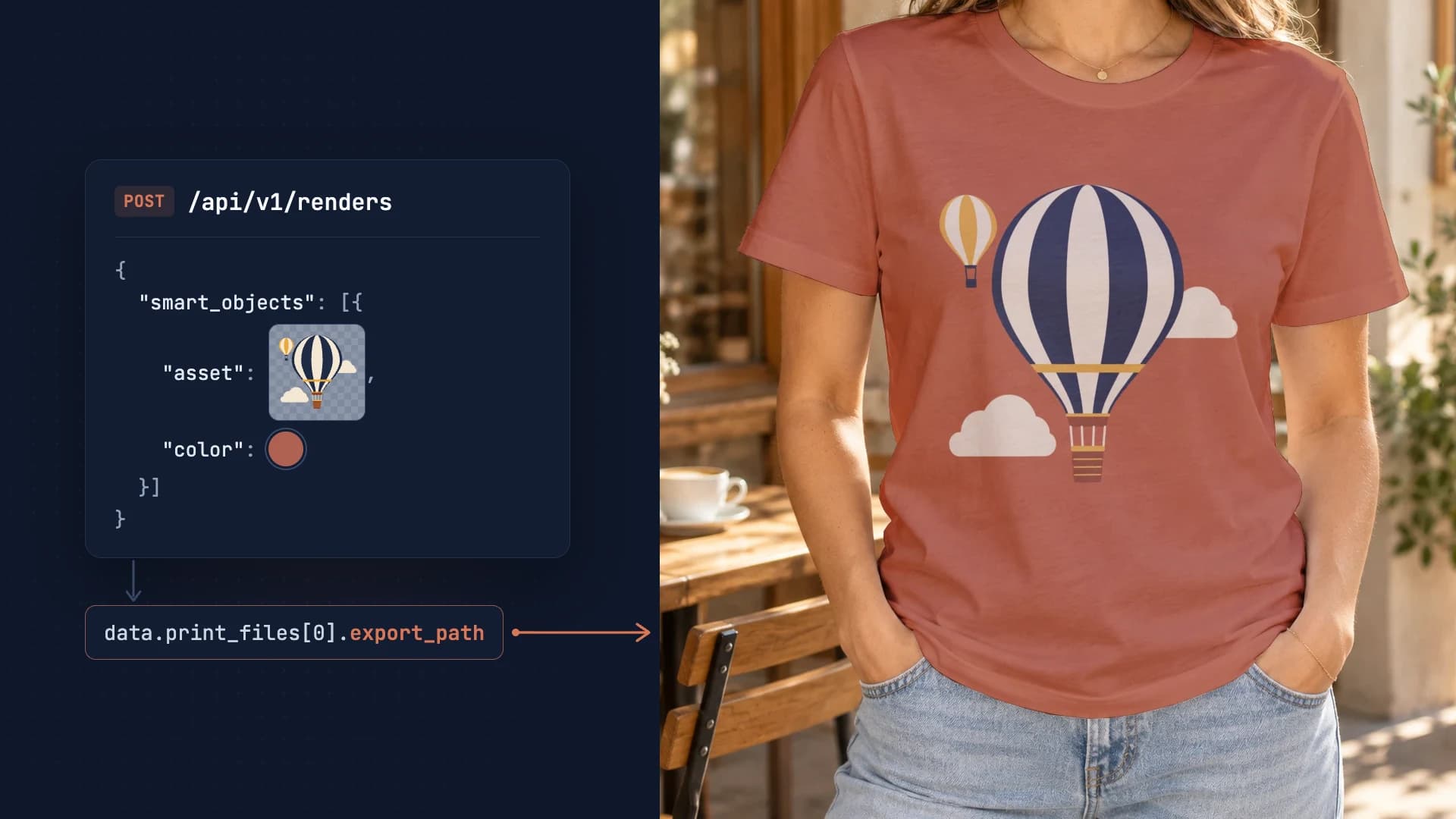 Render request sending a balloon artwork and a shirt color, with export_path pointing to the finished terracotta T-shirt
