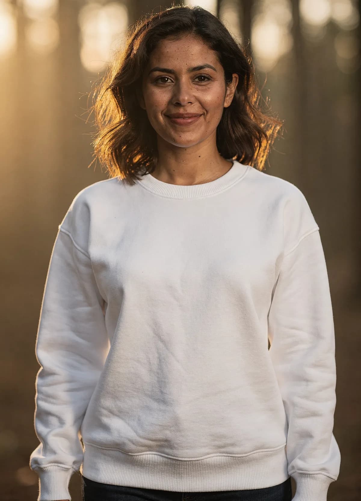 Blank white crewneck sweatshirt worn by a model outdoors in golden-hour forest light, a SudoMock PSD mockup template that renders any design without Printful catalog limits