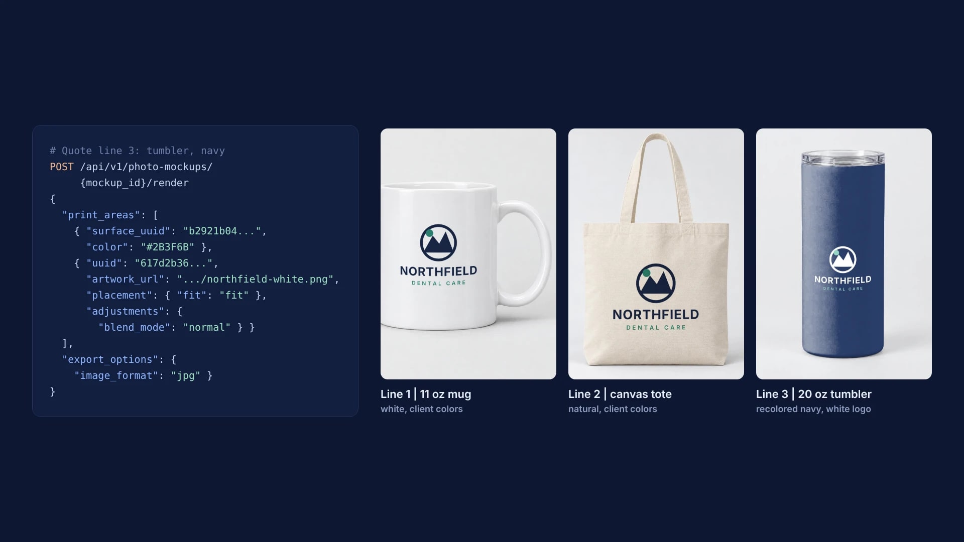 A render request for quote line 3 next to three virtual samples SudoMock rendered with one client logo: an 11 oz white mug, a natural canvas tote and a 20 oz tumbler recolored navy with the white logo