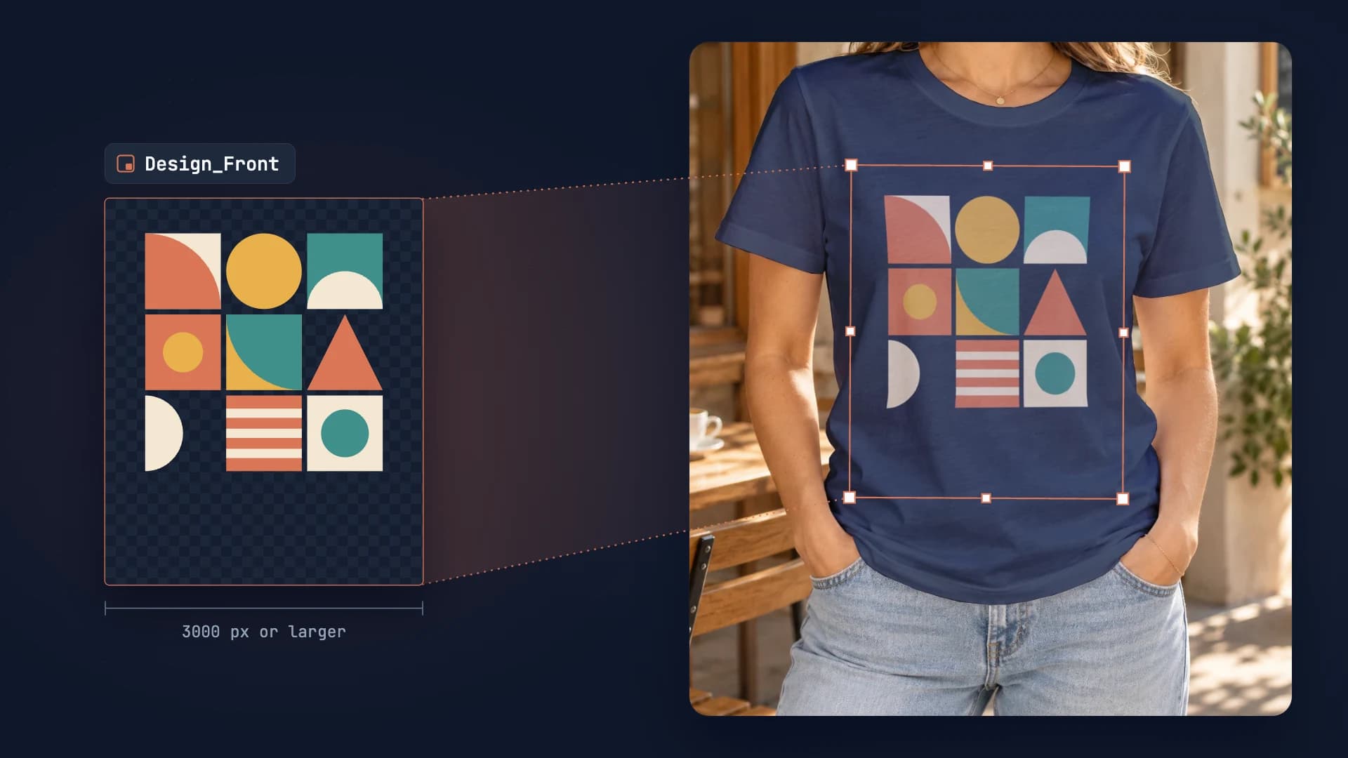 Flat geometric artwork in a Design_Front smart object canvas, mapped by its transform box onto a navy t-shirt render