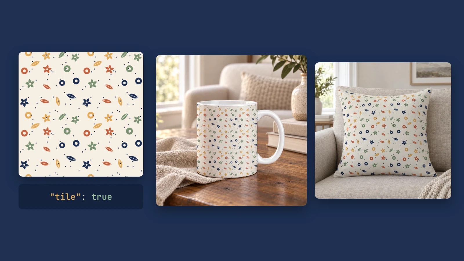 A seamless garden pattern tile next to the request field tile set to true, and the same pattern repeated across a ceramic mug and a throw pillow
