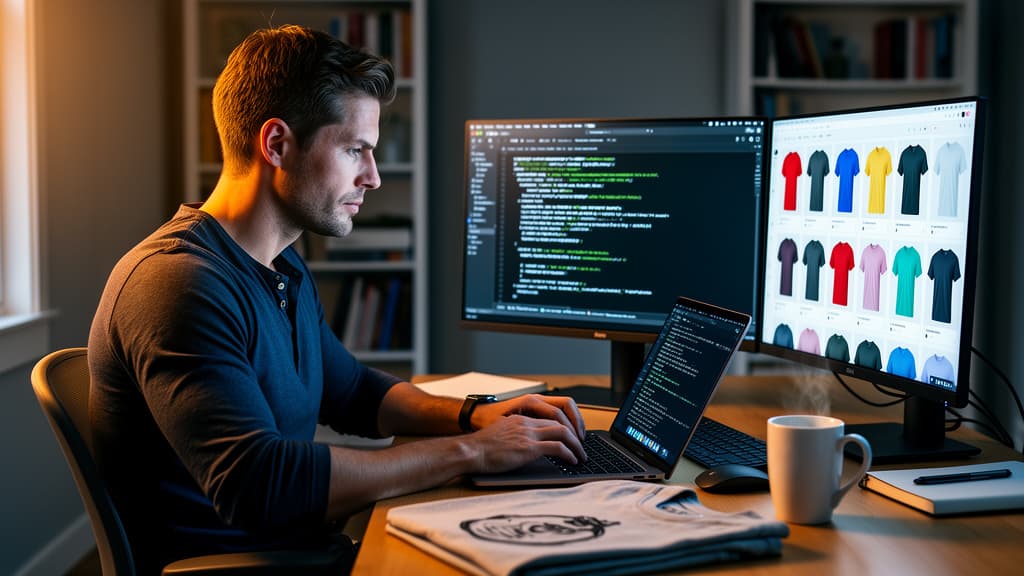 Developer working at a modern desk with dual monitors showing API code and product mockup thumbnails, warm editorial lighting