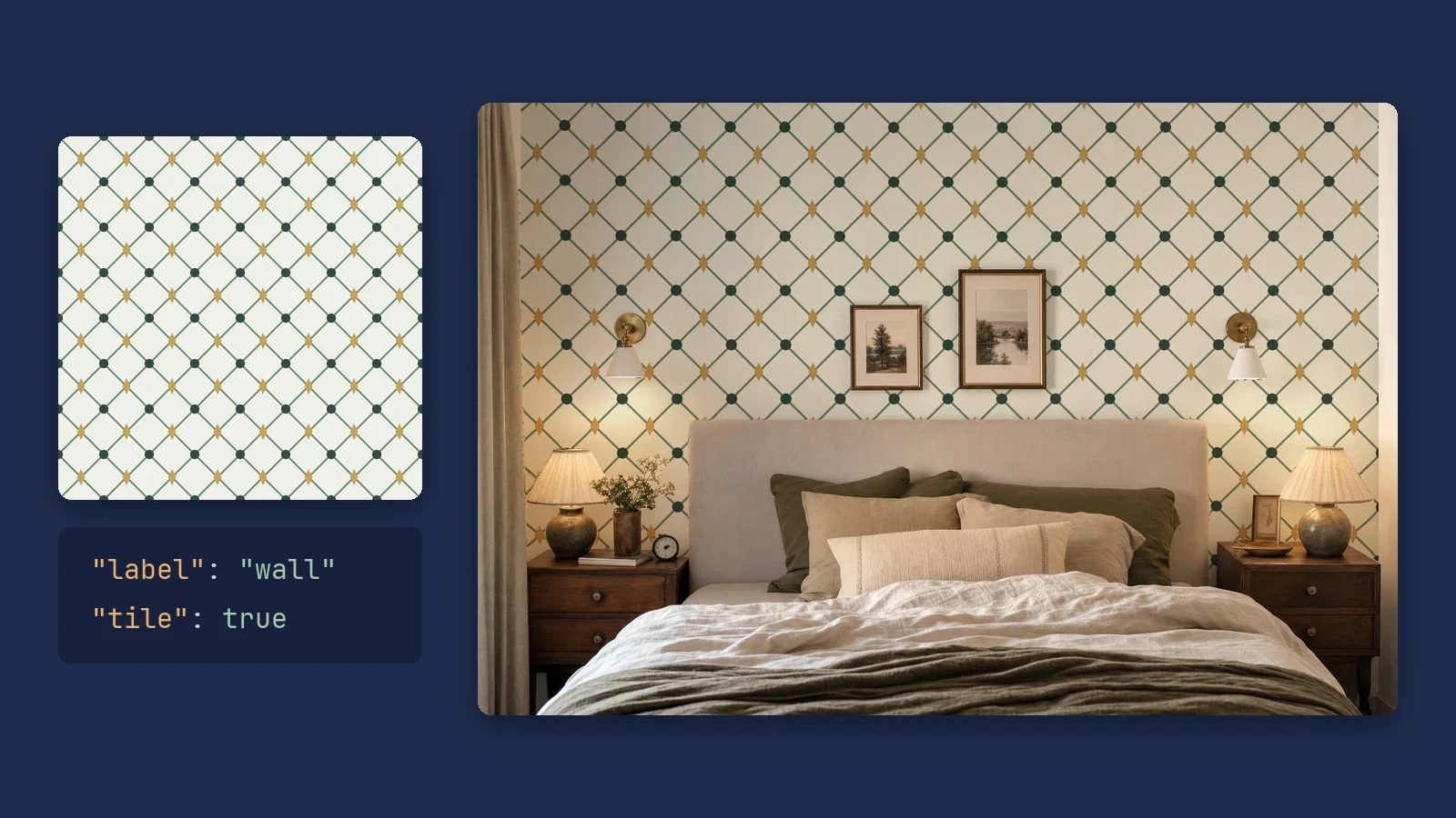 A trellis wallpaper swatch and the fields label wall and tile true, next to the same trellis repeated across a bedroom wall behind a bed, framed prints and lamps