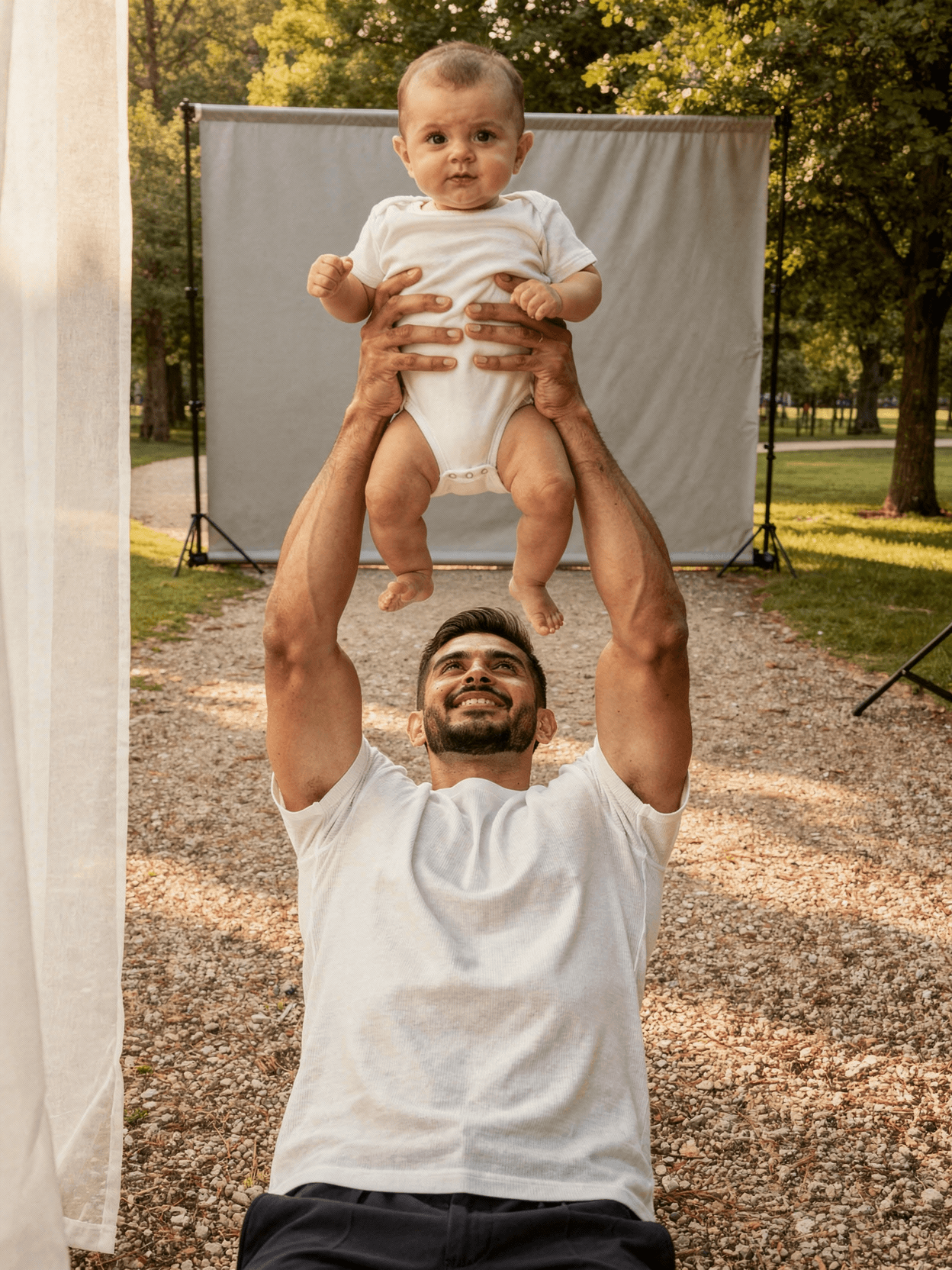 White Cotton Baby Onesie Mockup on Model - Park — Overhead Lifestyle Shot