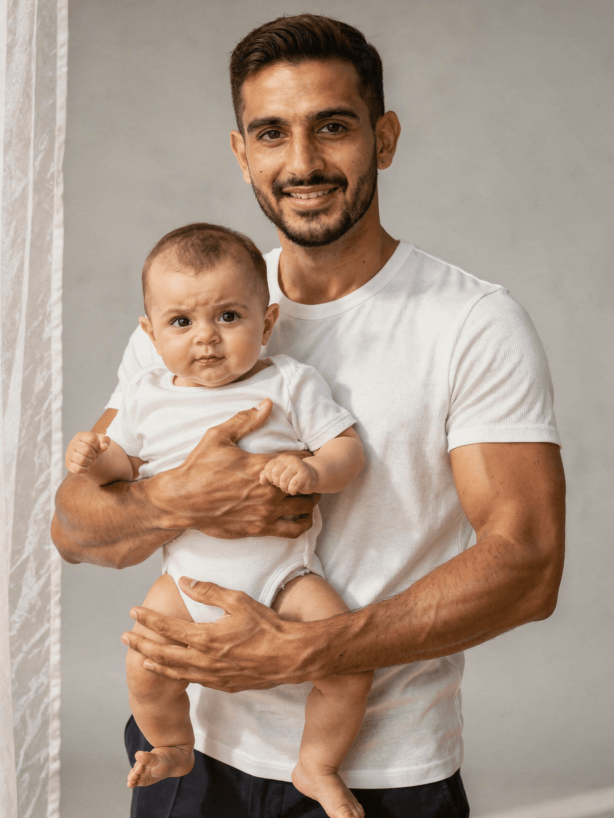 White Cotton Baby Onesie Mockup on Model - Park — Three-Quarter View