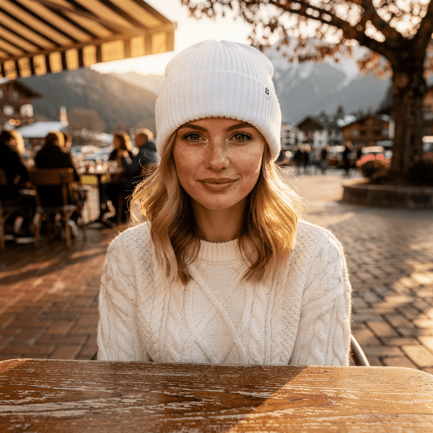 White Ribbed Knit Cuffed Beanie Mockup on Female Model — Front View on Model