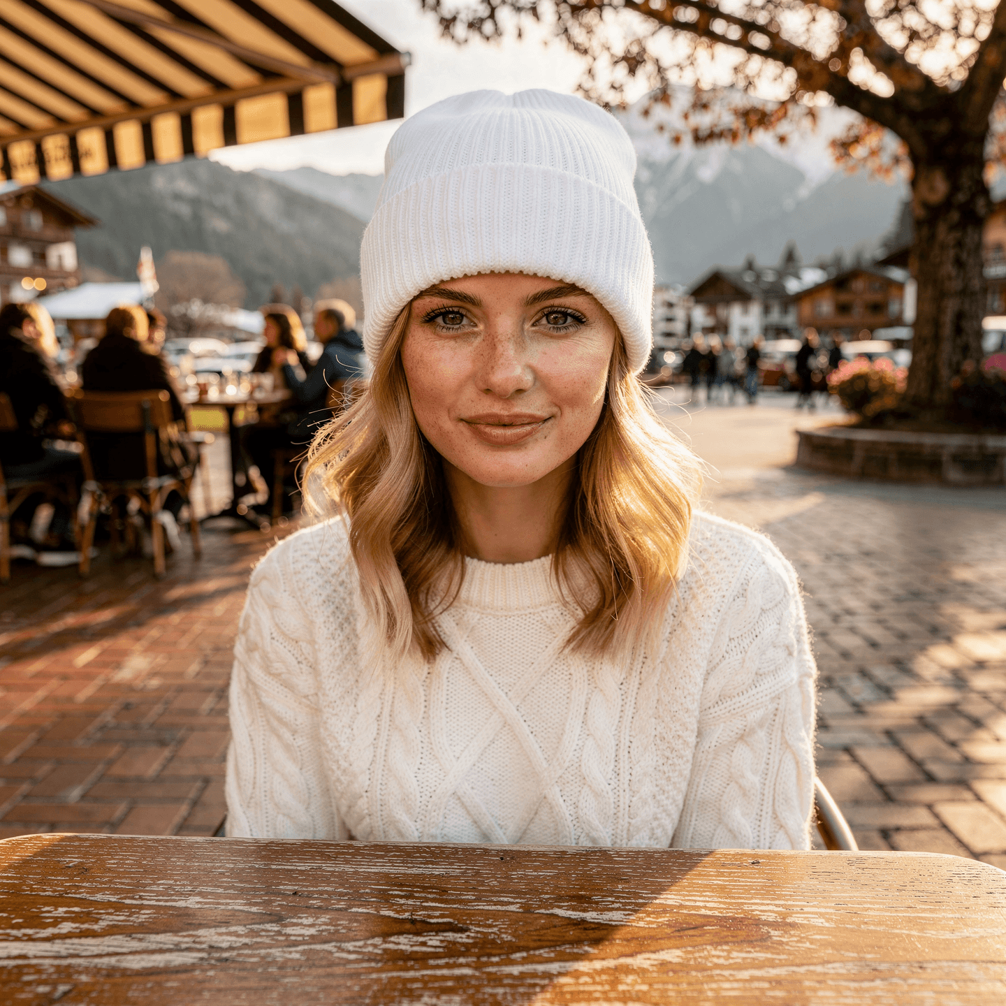White Ribbed Knit Cuffed Beanie Mockup on Female Model — Three-Quarter Worn View